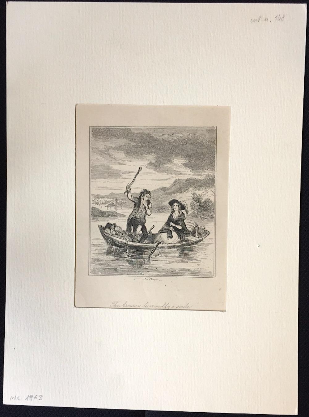 The Assassin disarmed by a smile - Original Etching by PHIZ - Mid 19th Century  - Print by Browne Hablot Knight 