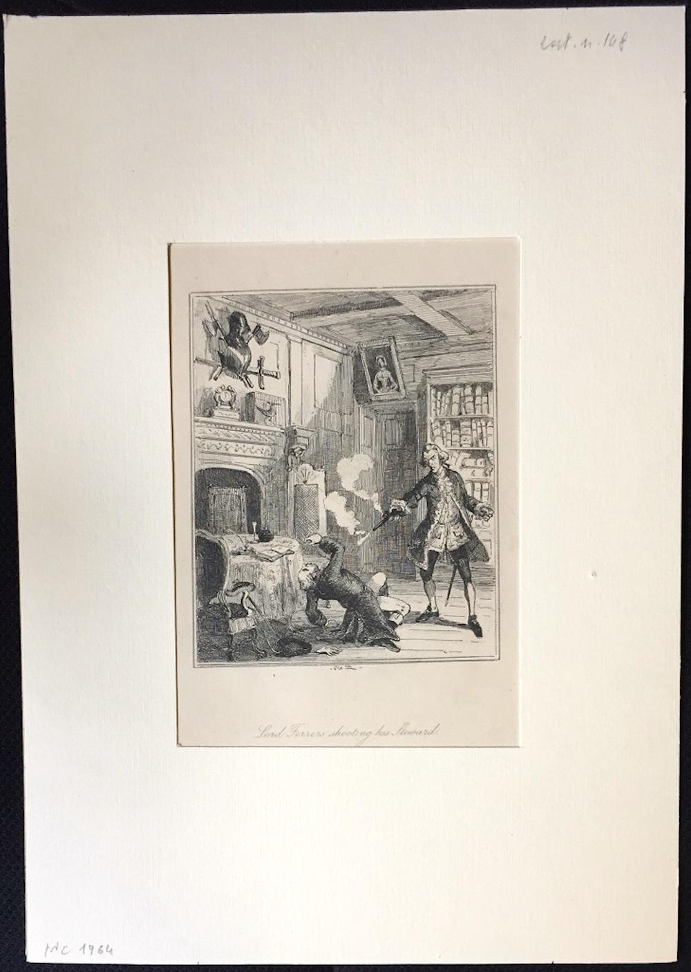 Lord Ferrers shooting his Steward - Original Etching by PHIZ - Mid 19th Century  - Print by Browne Hablot Knight 