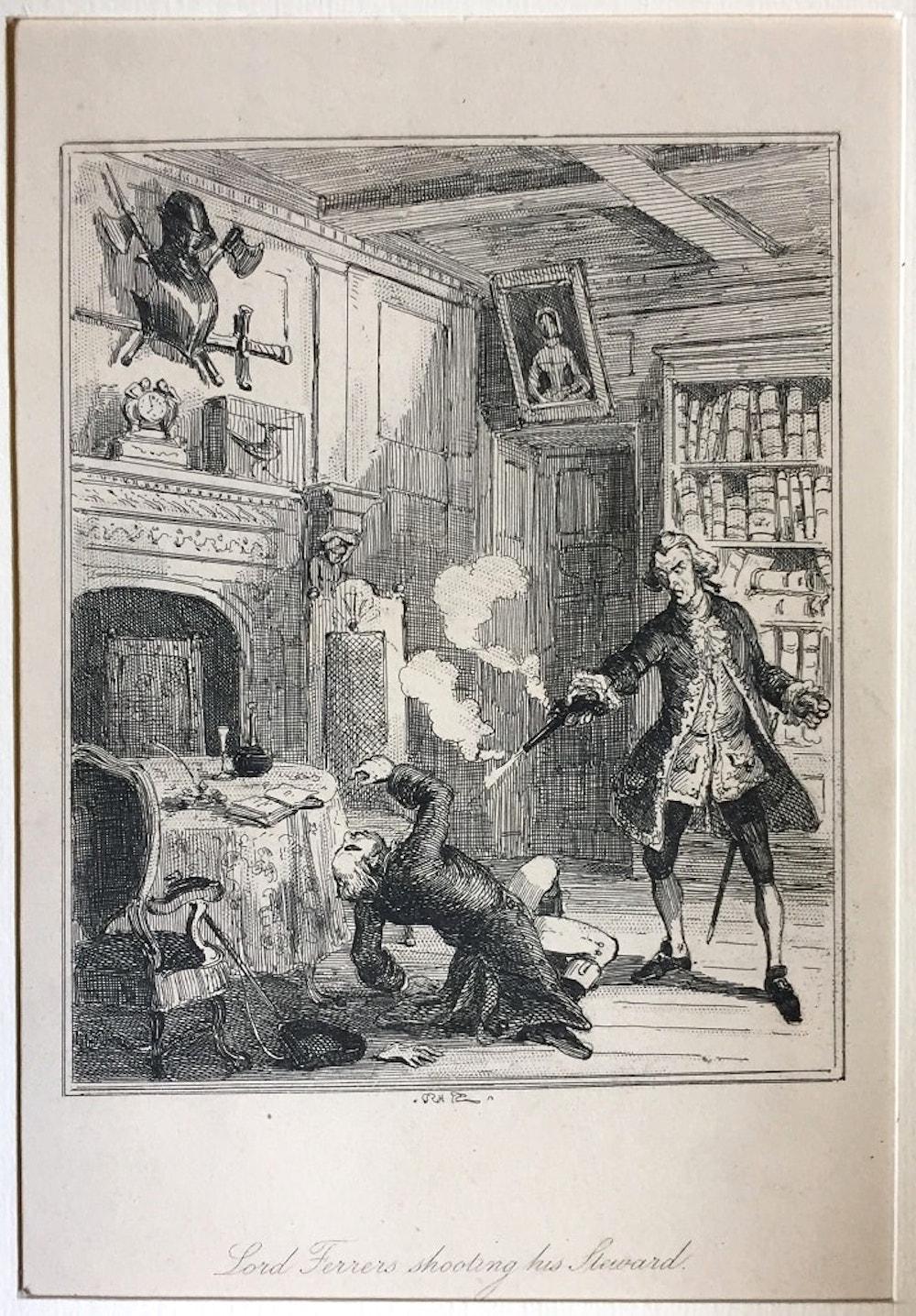Browne Hablot Knight  Figurative Print - Lord Ferrers shooting his Steward - Original Etching by PHIZ - Mid 19th Century 