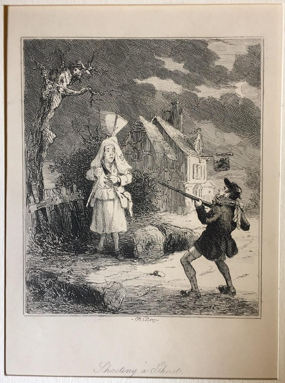 Browne Hablot Knight  Figurative Print - Shooting a Ghost - Original Etching by PHIZ - Mid 19th Century 