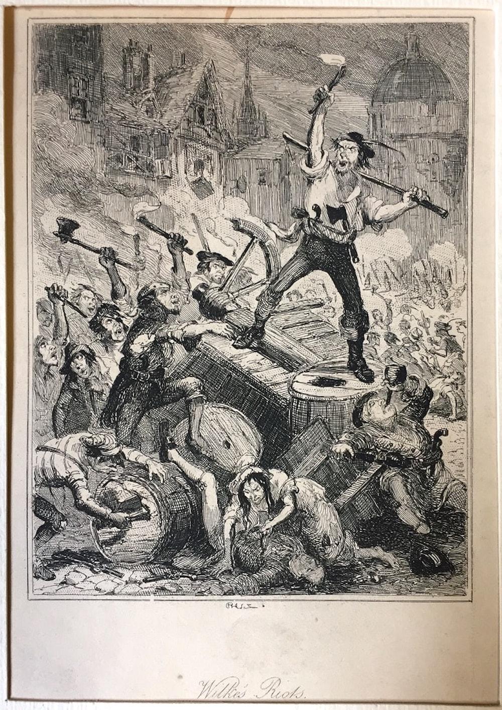 Browne Hablot Knight  Figurative Print - Wilkes Riots- Original Etching by PHIZ - Mid 19th Century 