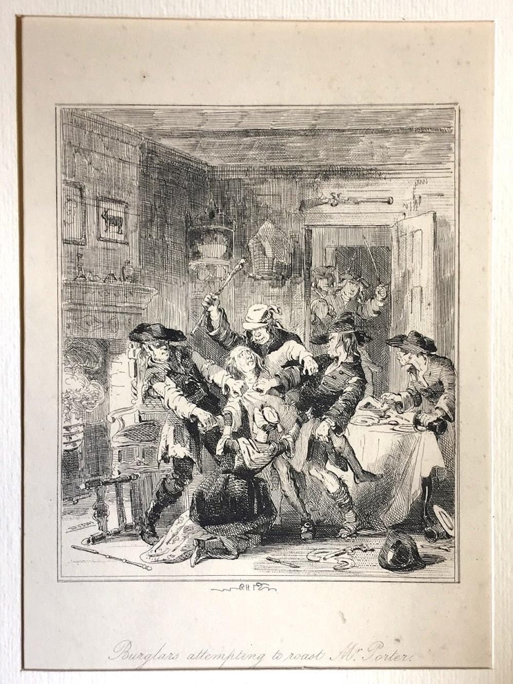 Browne Hablot Knight  Figurative Print - Burglars Attempting to Roast Mr. Porter - Etching by PHIZ - Mid 19th Century