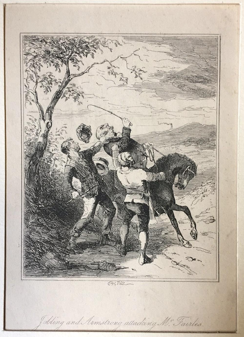 Browne Hablot Knight  Figurative Print - Folling and Armstrong attacking Mr. Fairles- Etching by PHIZ - Mid 19th Century 