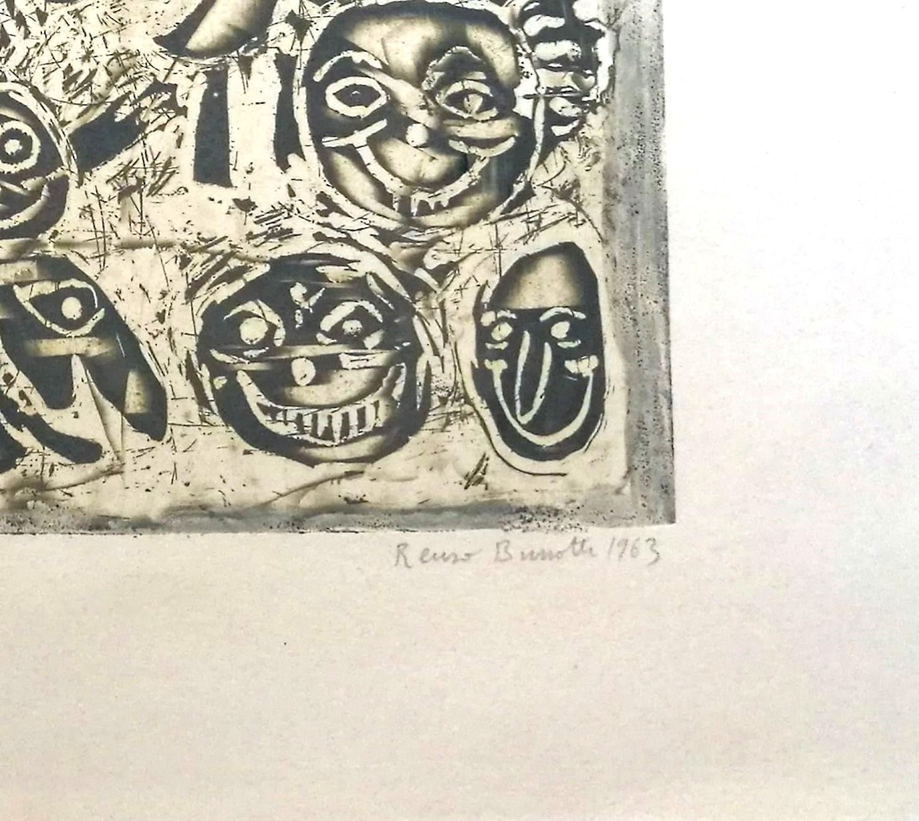 Masks - Original Lithograph by Renzo Bussotti - 1963 For Sale 1