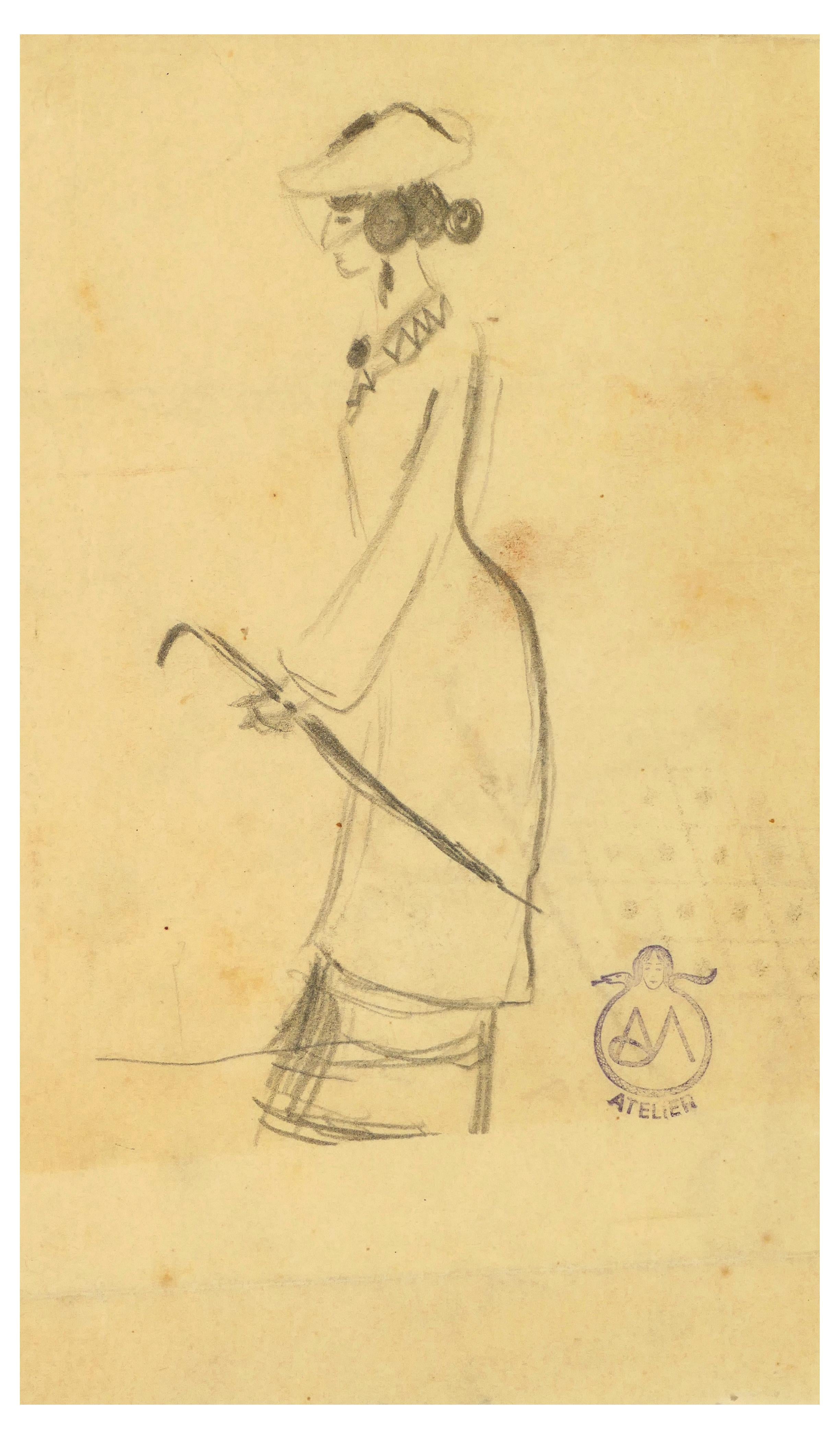 Alexis Mérodack-Jeanneau Figurative Art - Woman with Umbrella - Charcoal Drawing on Paper by A. Mérodack-Jeanneau