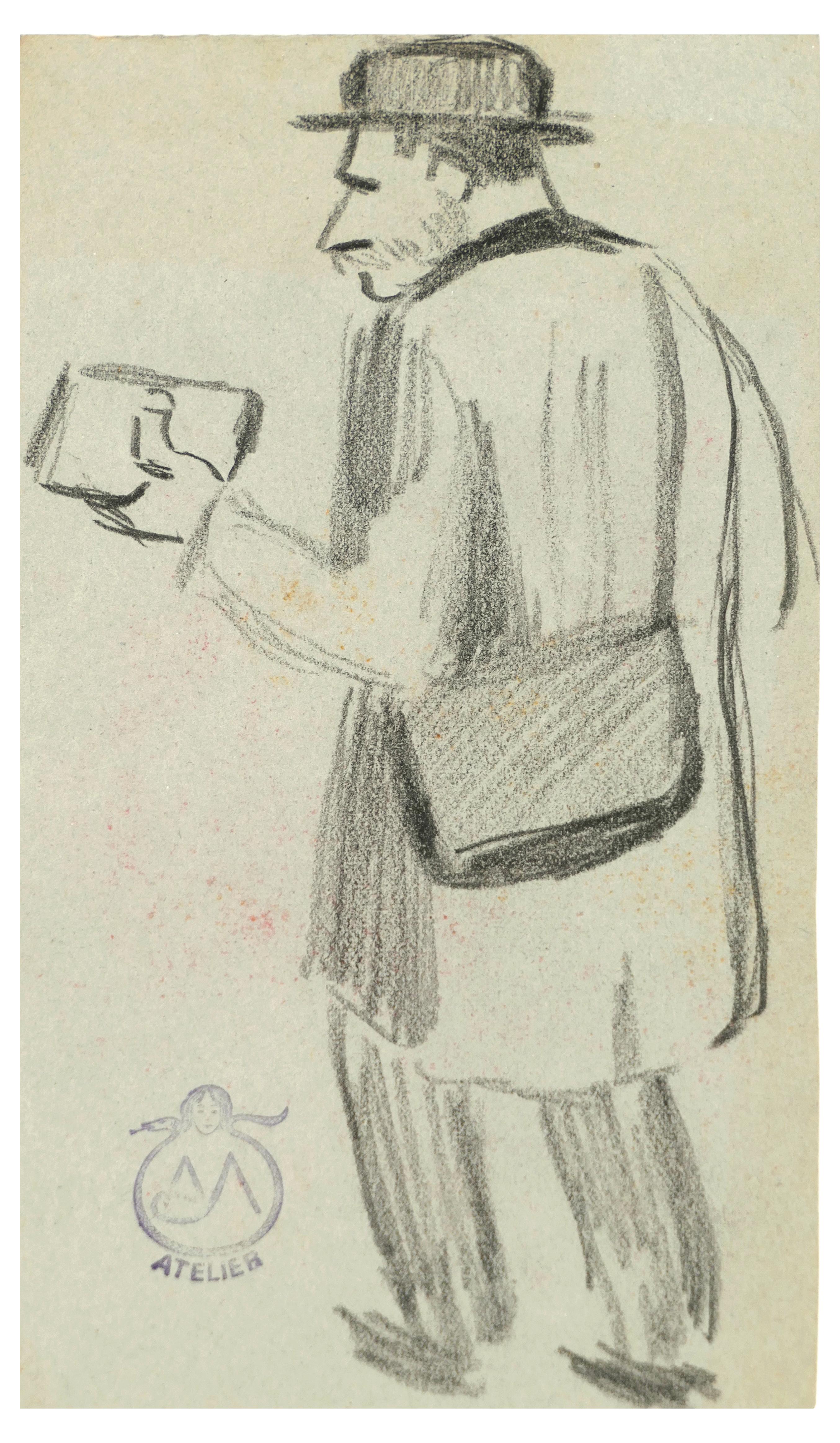 Alexis Mérodack-Jeanneau Figurative Art - Man Seen From Behind - Charcoal on Paper by A. Mérodack-Jeanneau