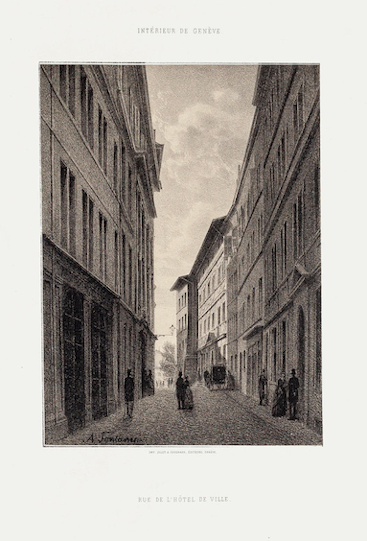Figurative Print di Antonio Fontanesi - Ginevra, Rue De L'Hôtel De Ville - Litografia di A. Fontanesi - 1854