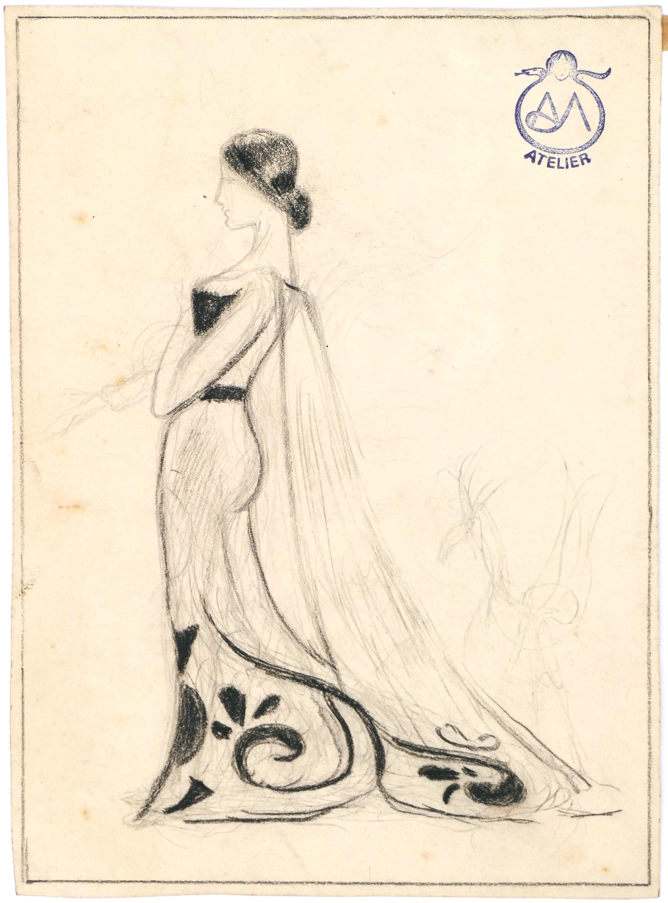 Alexis Mérodack-Jeanneau Portrait - The Bride - Pencil and Charcoal Drawing on Paper by A. Mérodack-Jeanneau