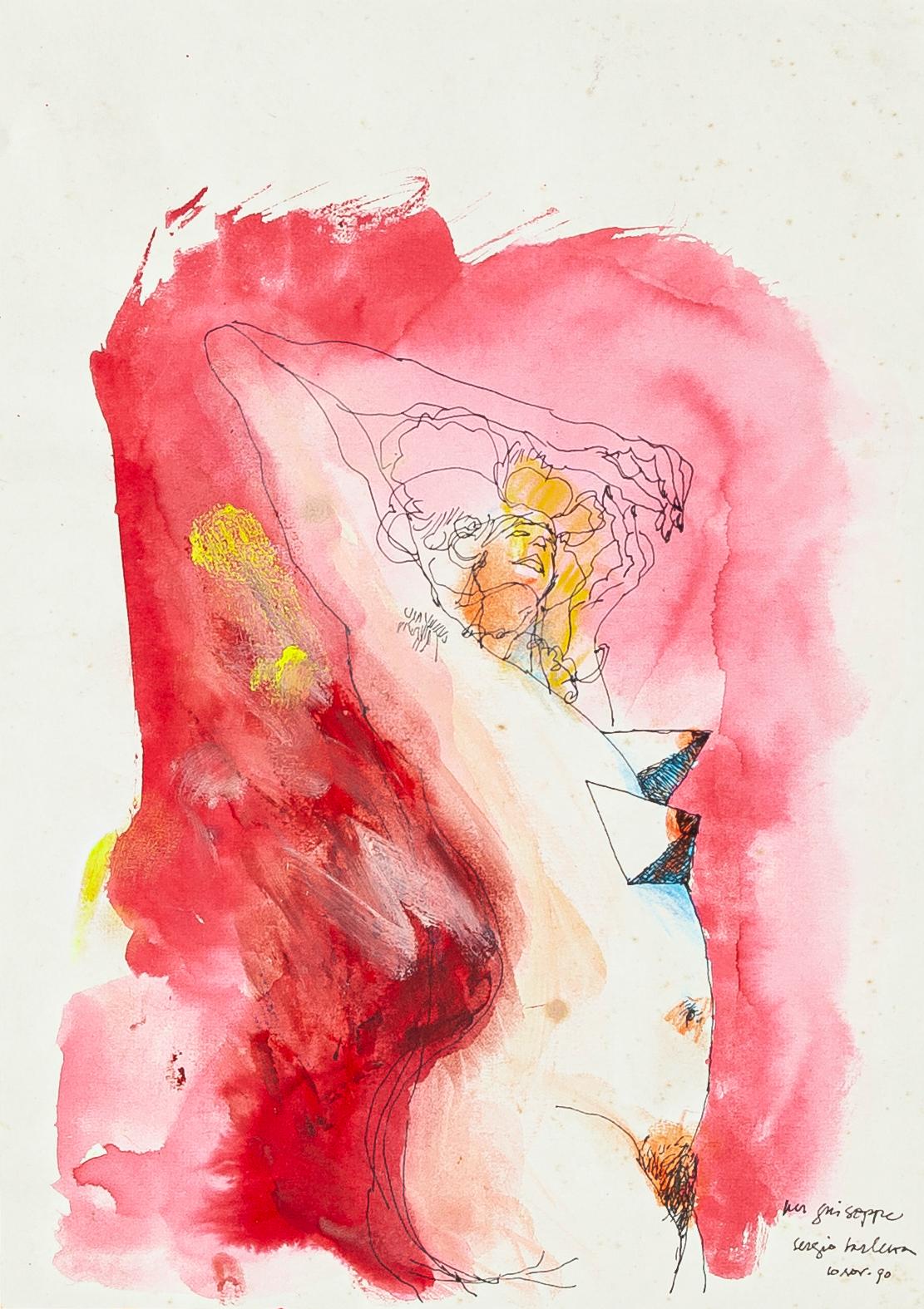 Nude is an original painting in watercolor and pen on paper applied on brown cardboard, realized by Sergio Barletta, hand-signed.

In excellent conditions. 

Sheet dimension: 24 x17  cm.

Here the artwork represents a nude woman in pink and red