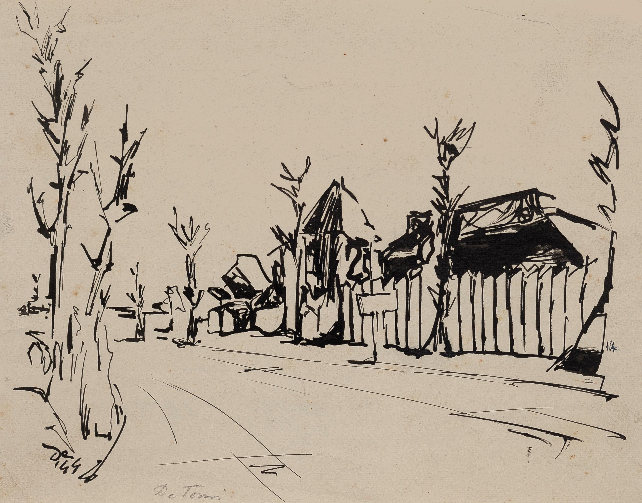 Abstract Painting di Enrico de Tomi - Villaggio - Disegno originale a inchiostro di E. De Tomi - 1947