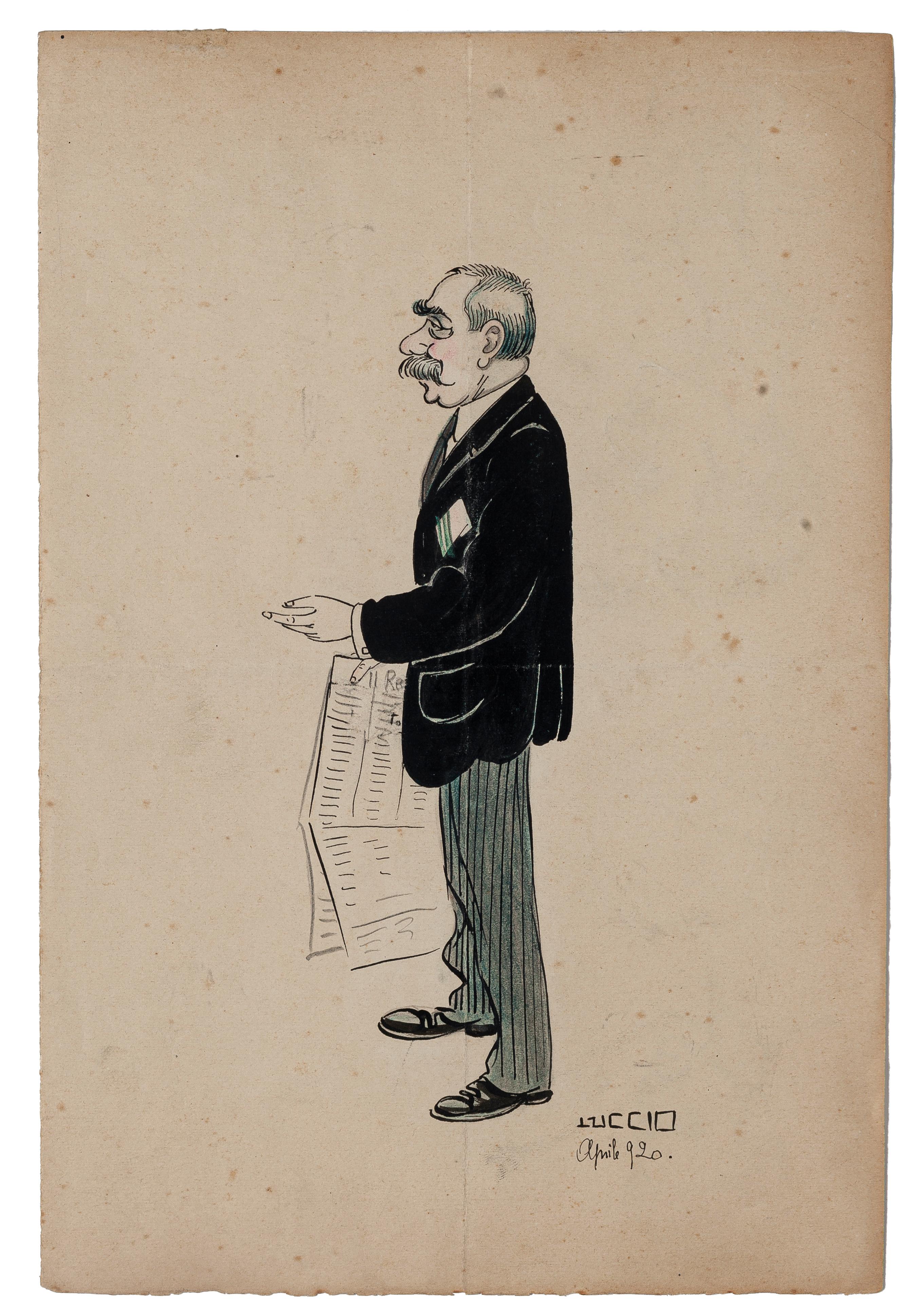 Politician - Original Ink and Watercolor Drawing by Luccio - 1920s - Art by Luccio (Carlo Bolognesi)