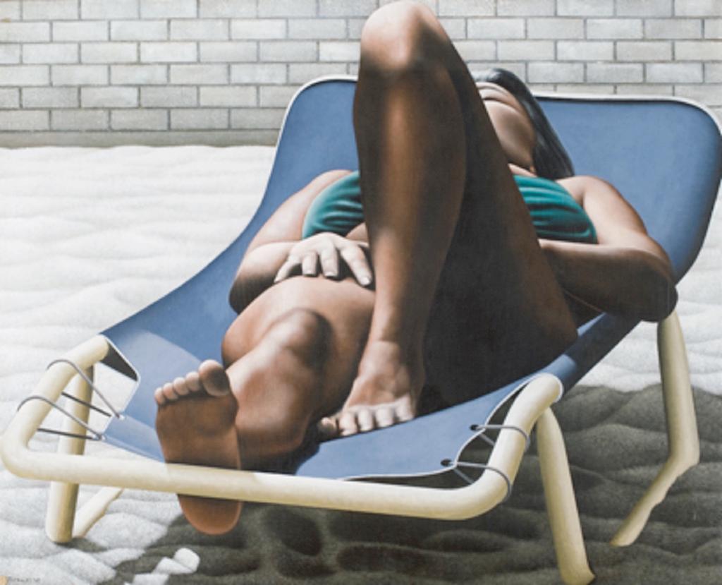 Woman Sunbathing (Femme buvant du soleil), huile sur toile de A. Titonel, 1975