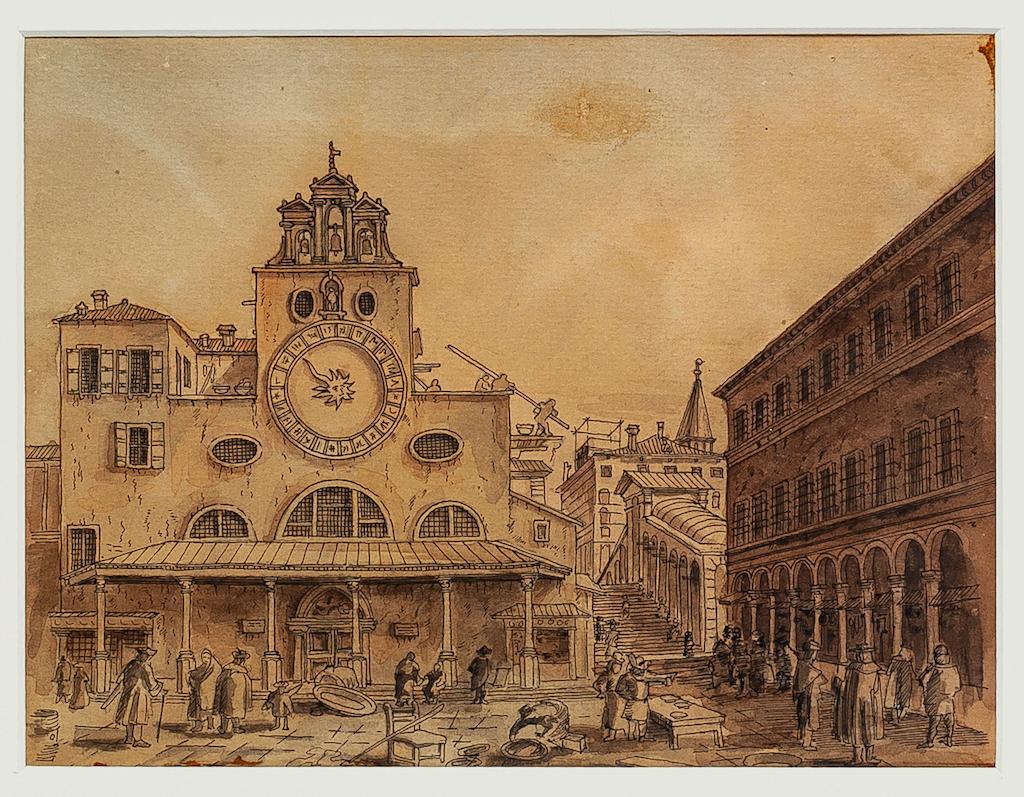Venice Landscape - Original Ink and Watercolor - 18th Century