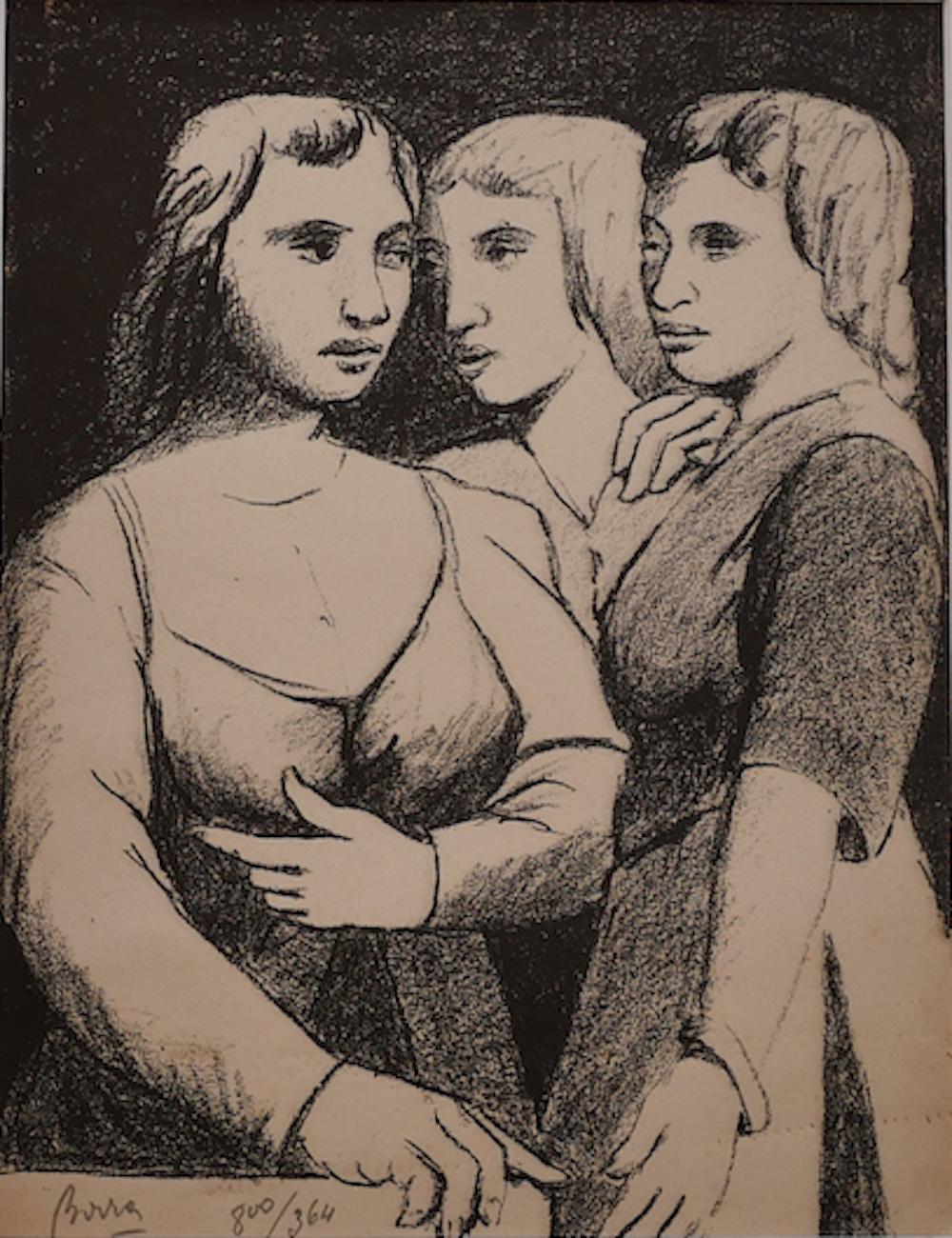 Portrait Print de Pompeo Borra - Tres gemelos - Litografía original de P. Borras - Años 50