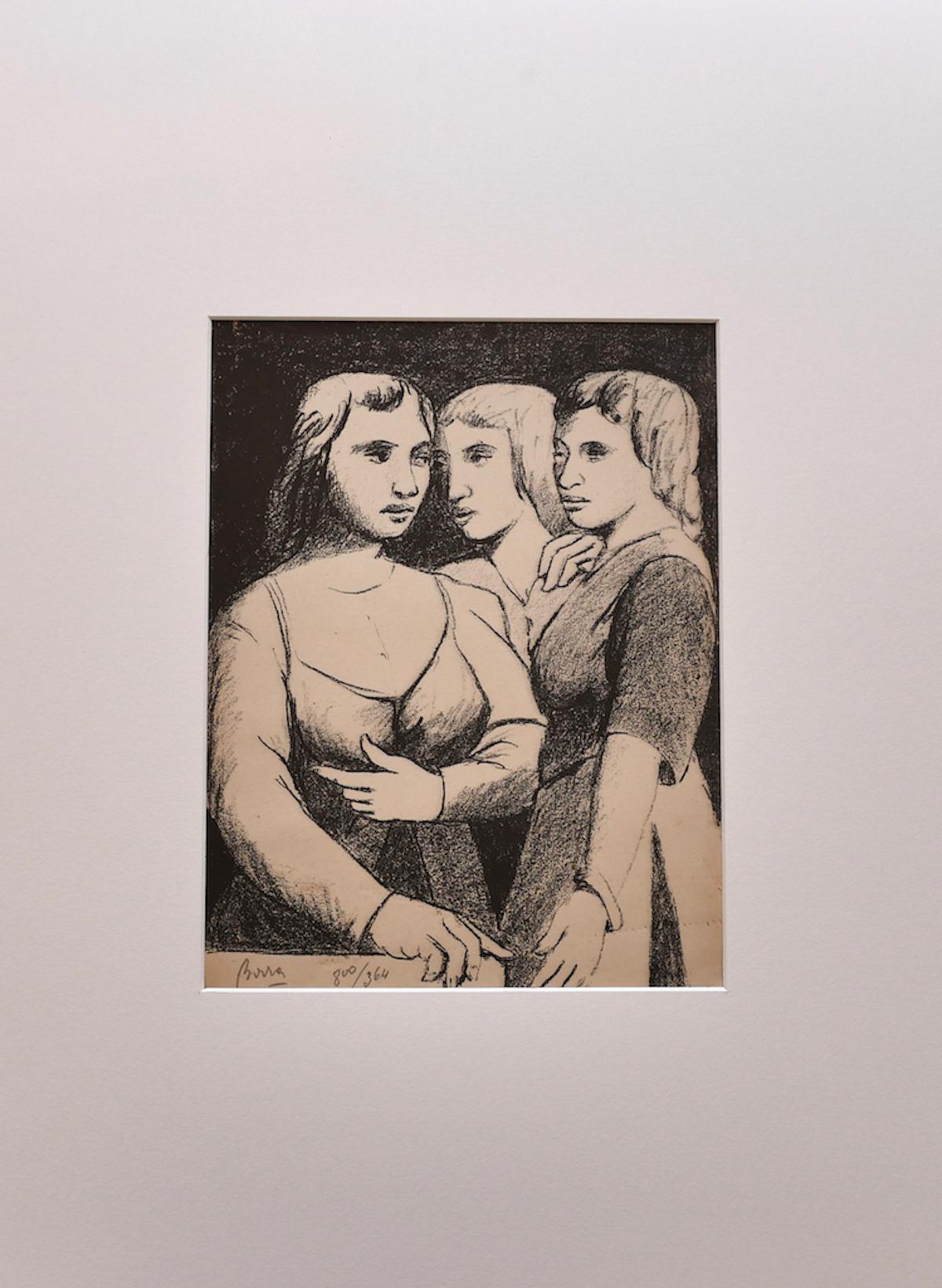 Three Twins - Original Lithograph by P. Borra - 1950s - Print by Pompeo Borra