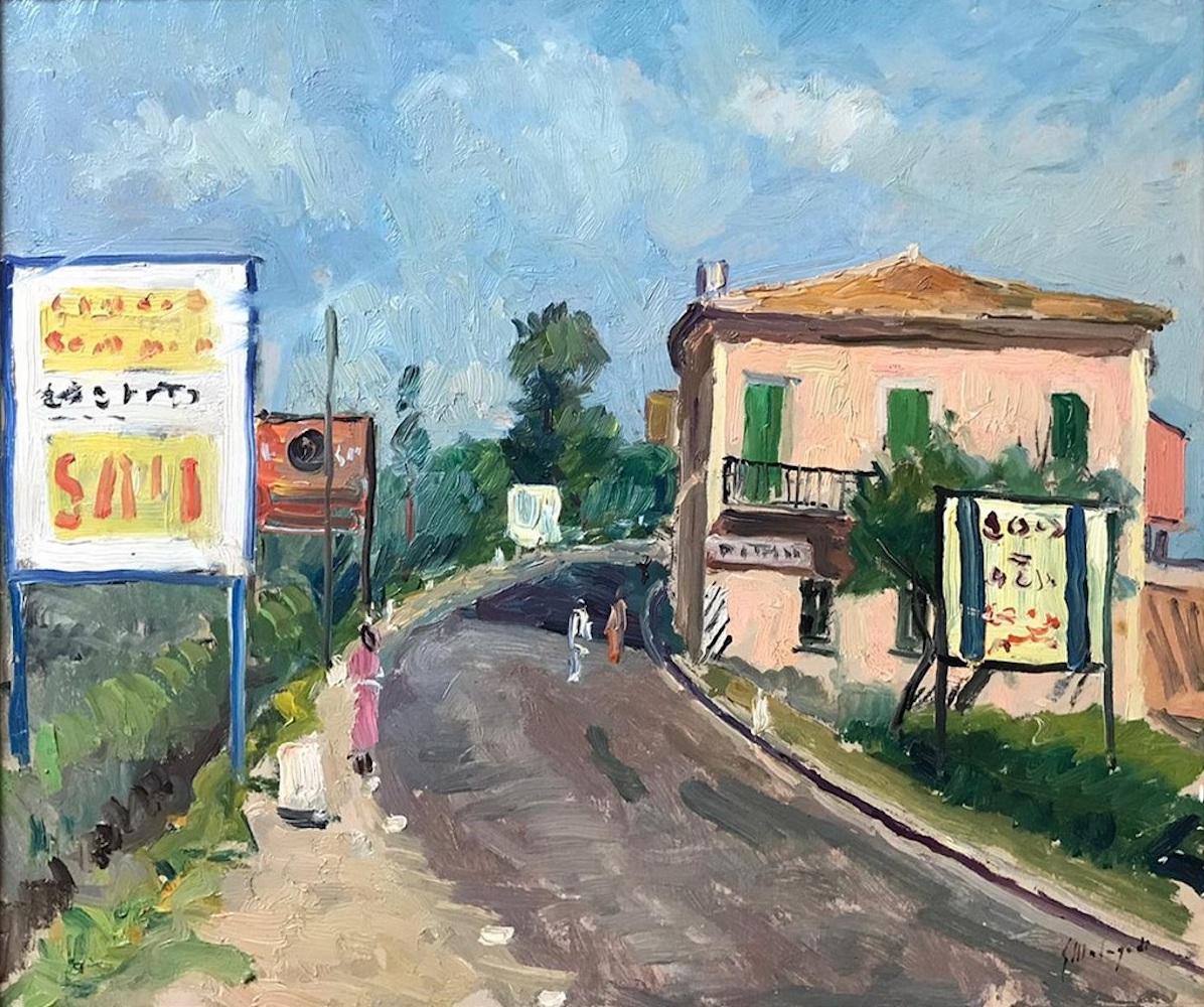 Rue avec panneaux est une peinture originale en couleur réalisée par Giovanni Malagodi dans la moitié du XXème siècle.

Peinture à l'huile sur panneau.

Signé dans la marge inférieure.

Cette superbe peinture représente une vue paisible d'une rue