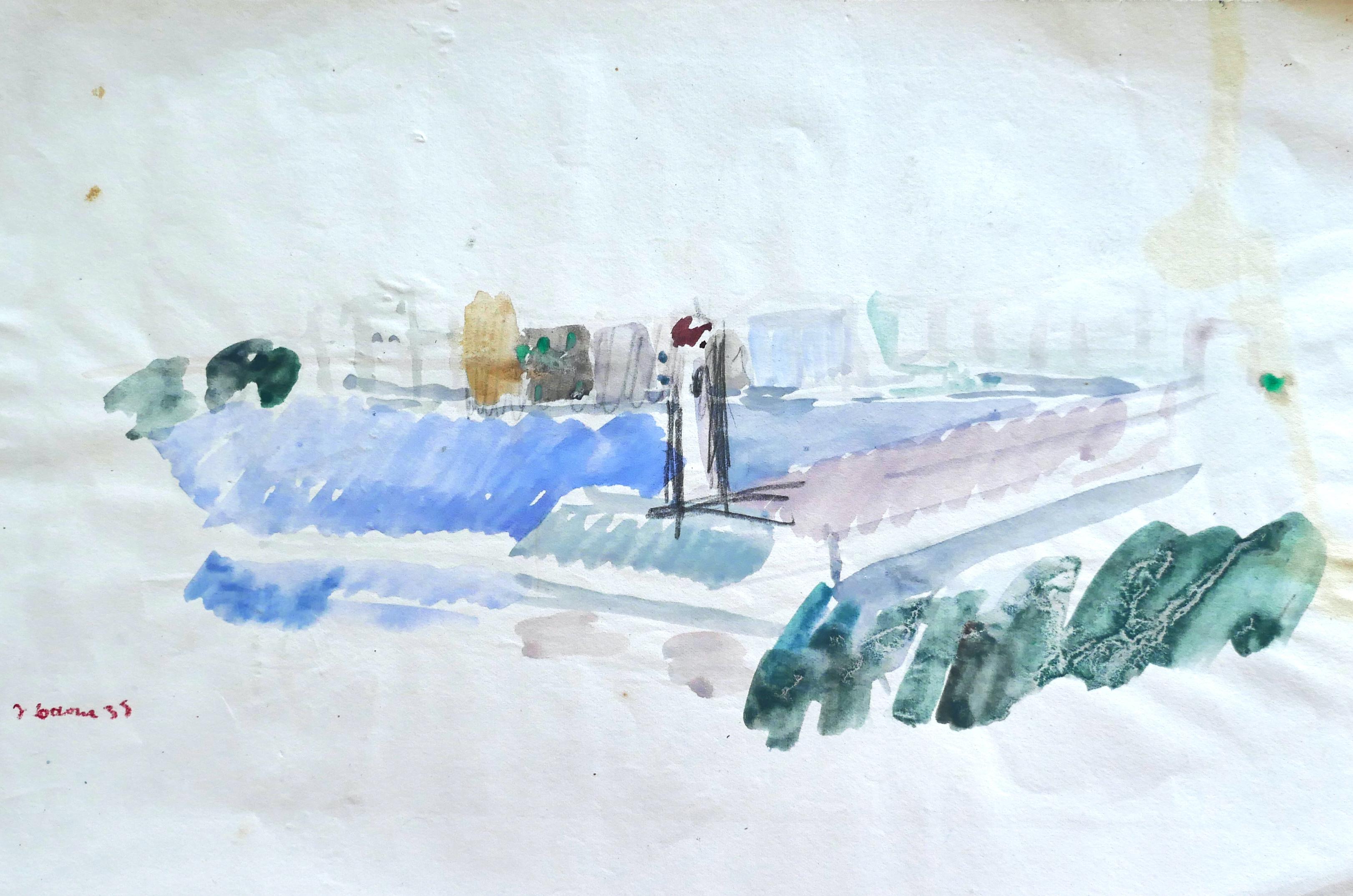 City View - Watercolor by French Master - Mid 20th Century