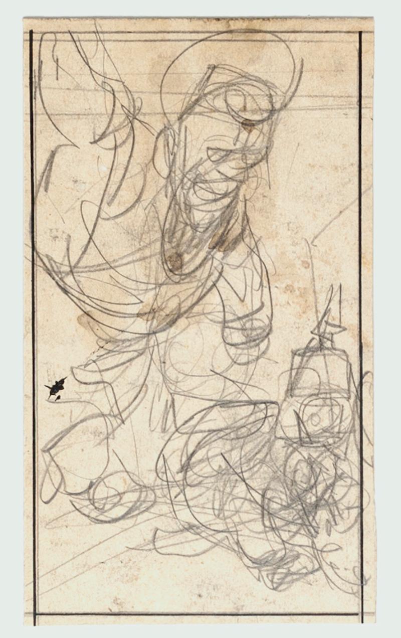 Image dimensions: 15 x 8.5 cm.

Figure is an original drawing in pencil realized by Gabriele Galantara, the state of preservation of the artwork is good and aged, applied on white cardboard.

The artworks represent an angry figure, created with