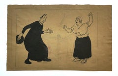 Der Priester und die Hausfrau - Bleistiftzeichnung von G. Galantara - 20. Jahrhundert