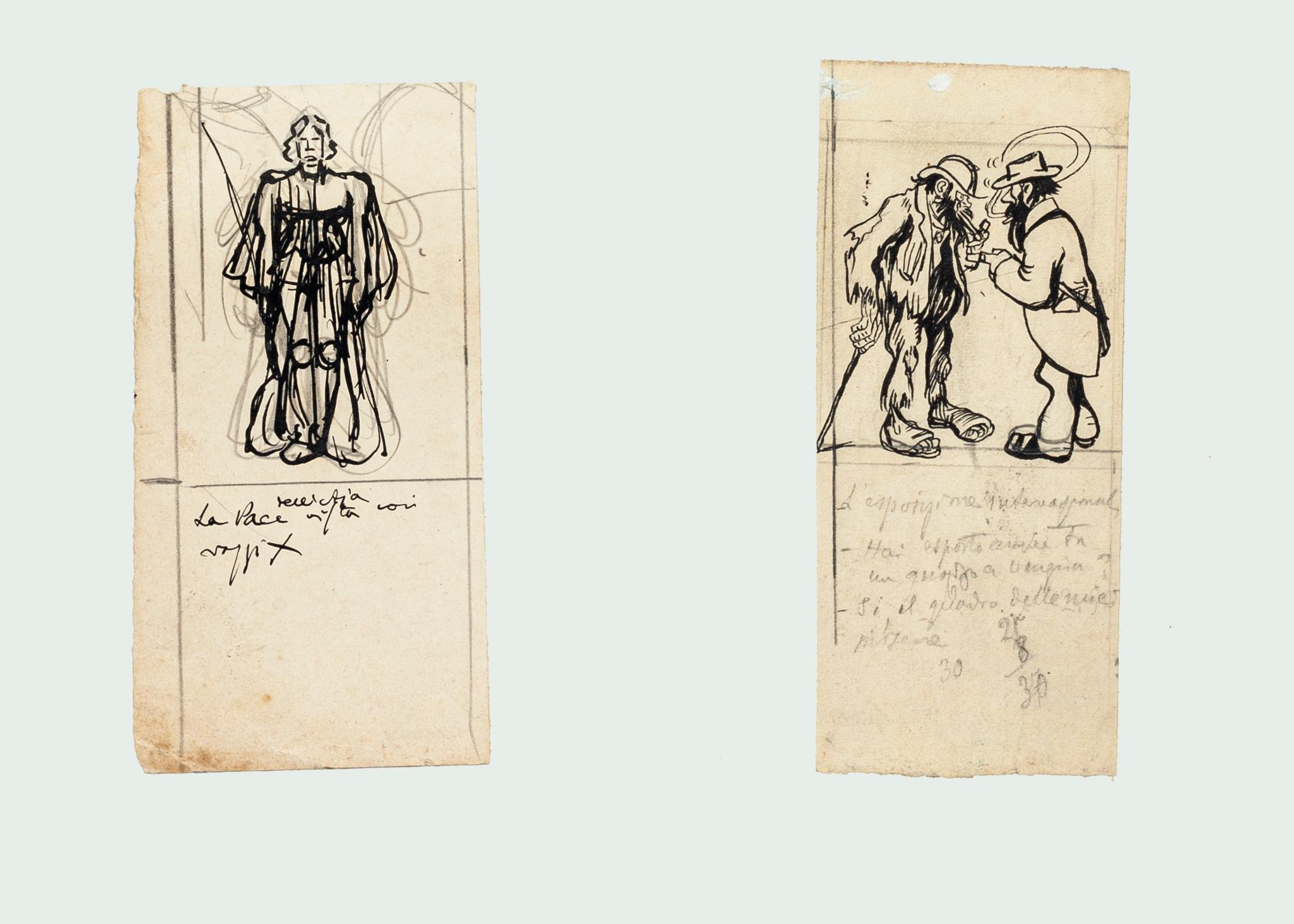 Gabriele Galantara Figurative Art - Figures - Ink and Pencil Drawing by G. Galantara - Early 20th Century