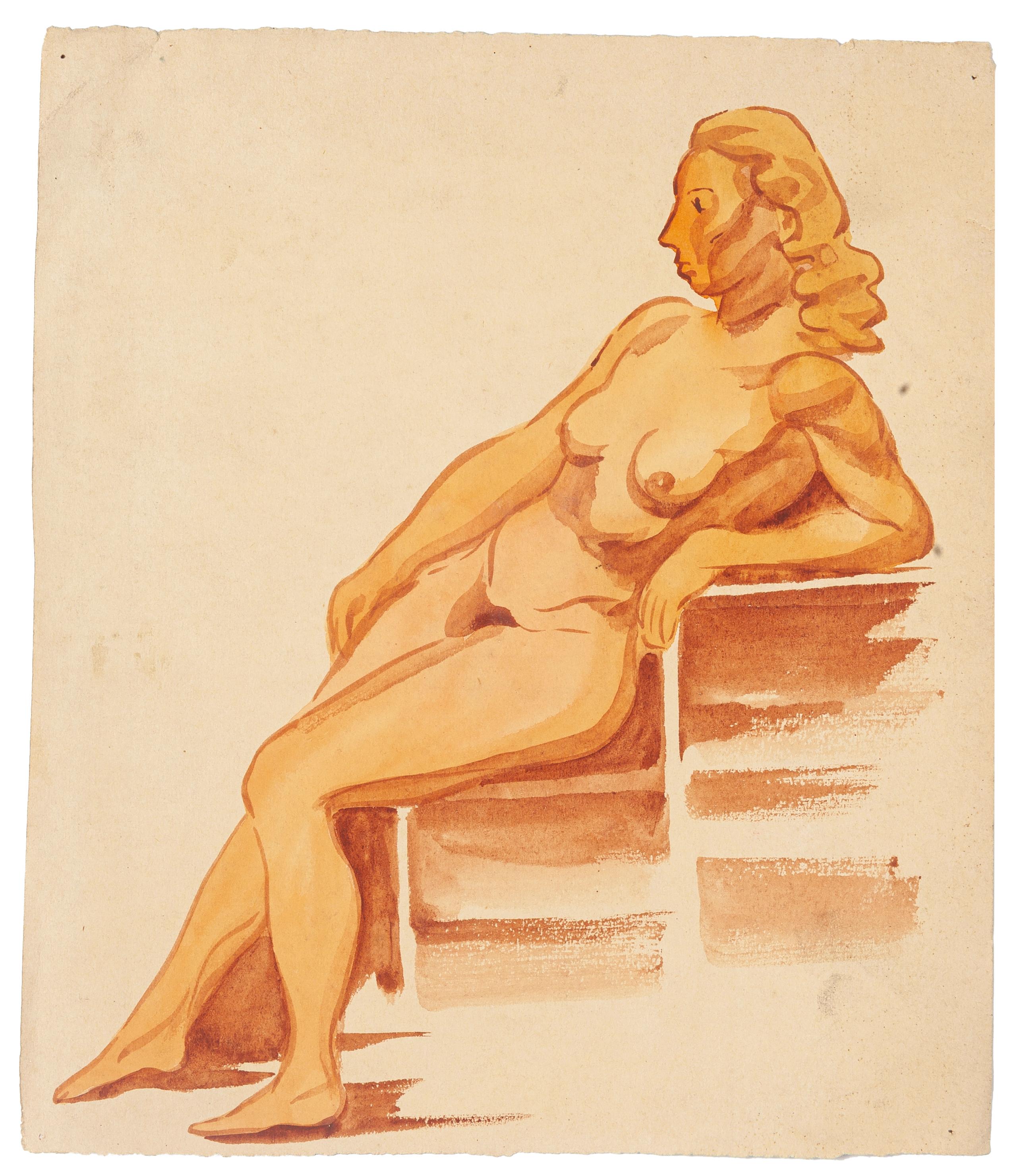 Unknown Figurative Art - Nude Woman - Watercolor by French Master - Mid 20th Century