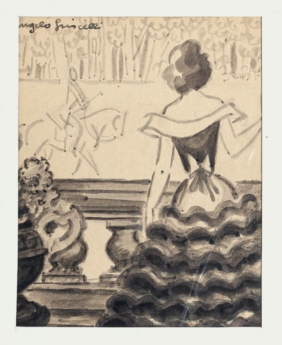 Competition is original drawings in watercolor on paper, realized by Angelo Griscelli (1893-1978).

The state of preservation of the artwork is very good.

The artwork represents the back of a woman in the horse competition, sketches and colored