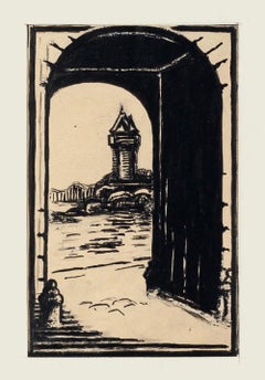 Bridge vers l'intérieur - Encre et aquarelle originales de Chine - Début du XXe siècle