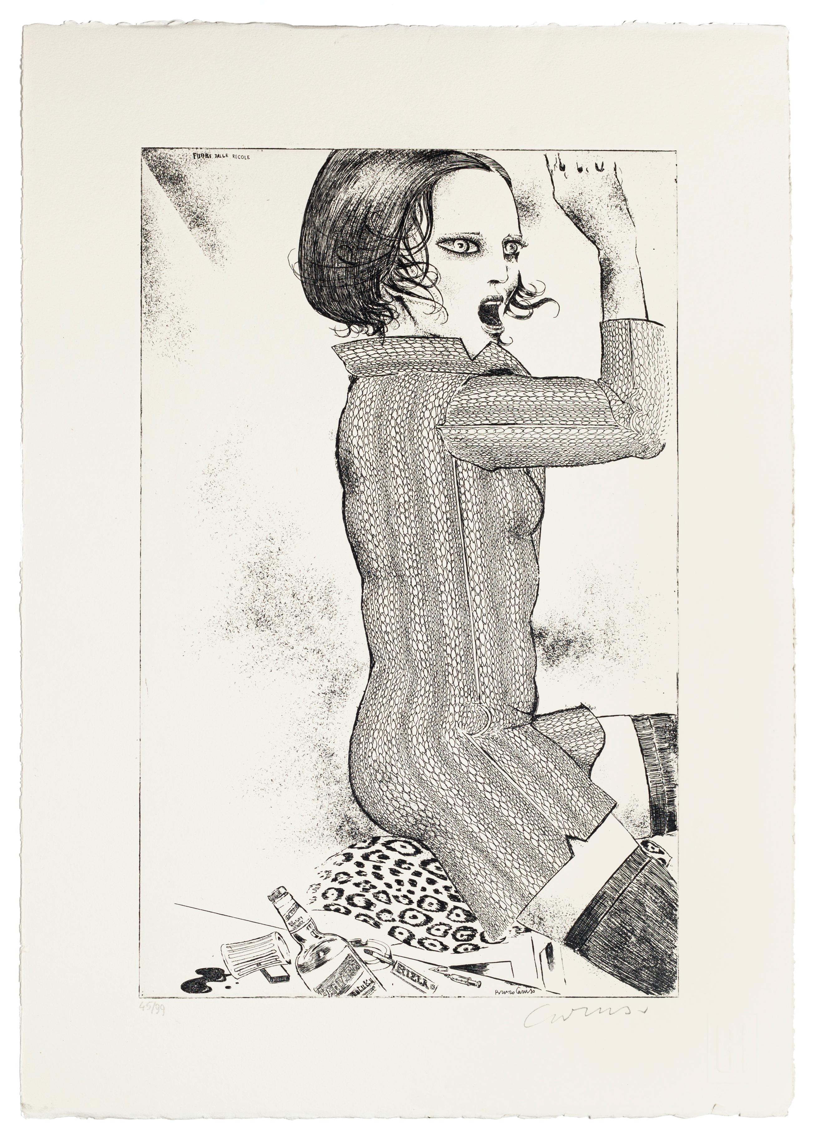 Out of Rules is an original black and white etching on paper, realized by the Italian artist Bruno Caruso.

Signed, titled, numbered, edition of 45/99.

In excellent conditions.

The artwork representing a drunk woman with a bottle of empty whiskey