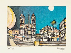 Piazza di Spagna - Rome - Original Etching by Giuseppe Megna - 1980s