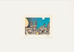Piazza di Spagna - Rome - Original Etching by Giuseppe Megna - 1980s