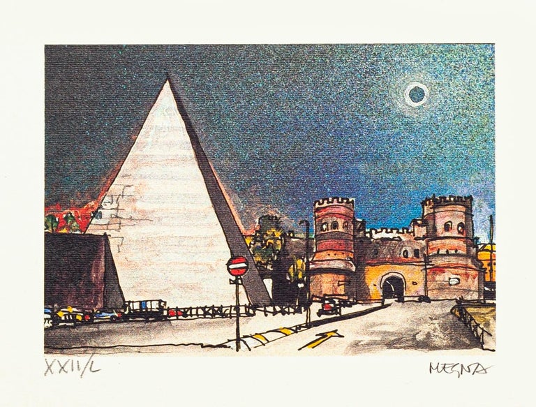 Piramide Cestia in Rome is an original lithograph on paper realized by Giuseppe Megna in 1972 ca.

In very good condition, hand-signed and numbered in pencil,edition of XXII/L.

Sheet dimension: 17 x 25 cm.

Included a white passepartout: 34 x 49