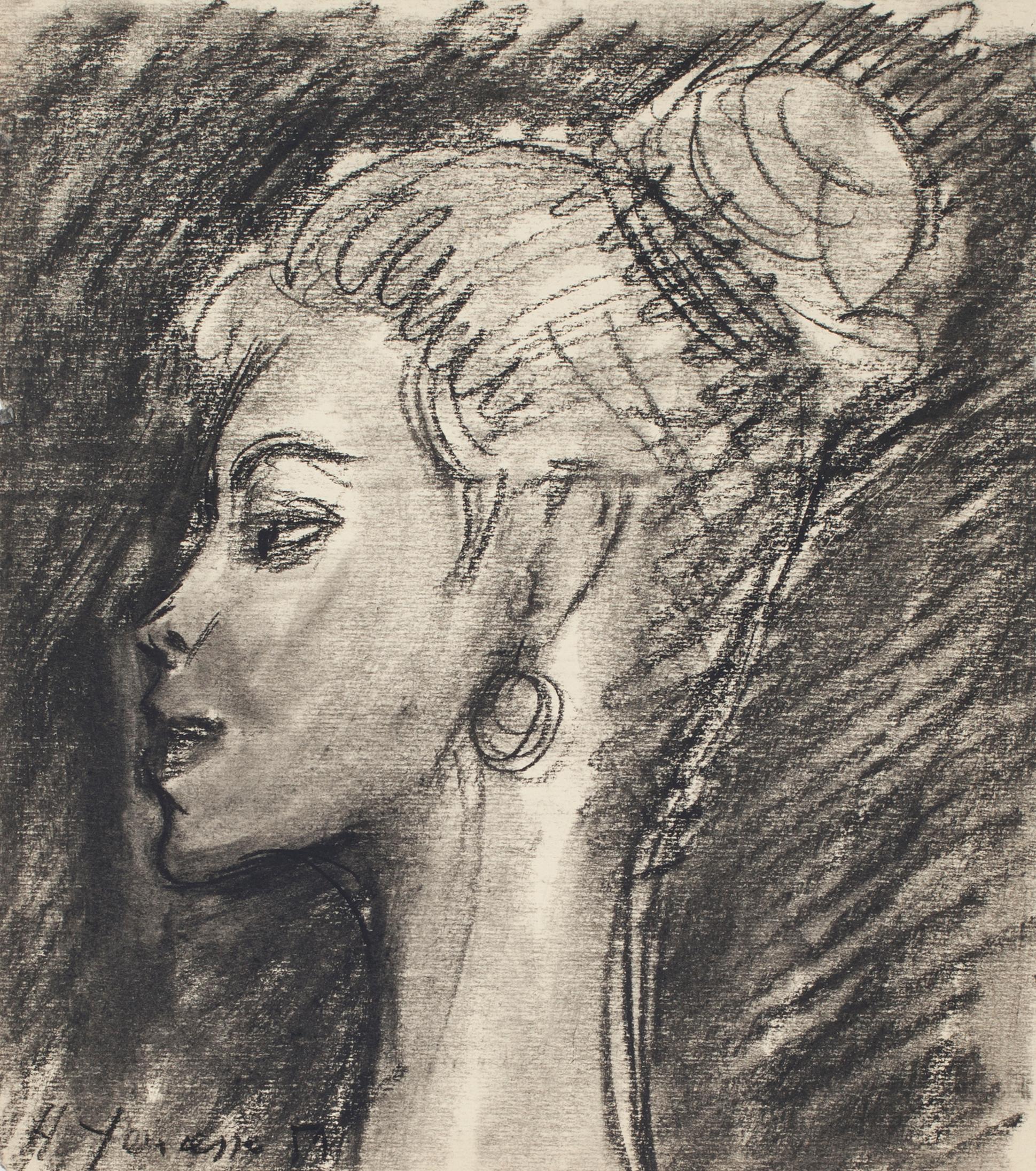 Hubert Yencesse Figurative Art - Portrait - Pencil and Charcoal Drawing by H. Yencesse - 1950s