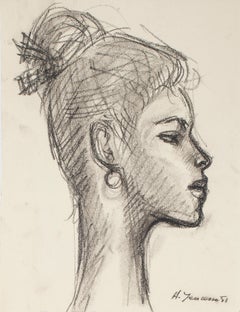 Portrait de femme - Dessin au crayon et au fusain par H. Yencesse - 1951