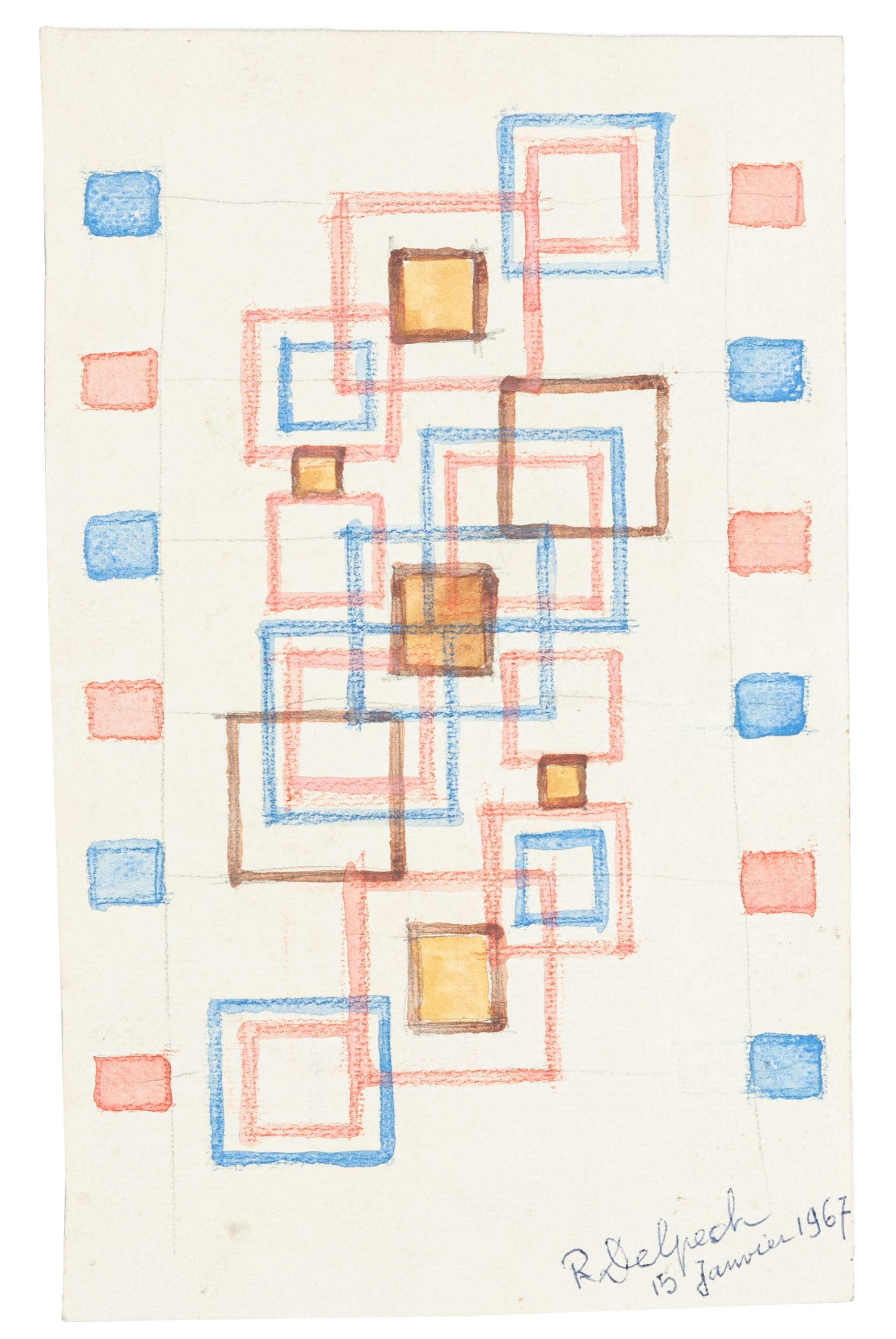 Jean Delpech Abstract Drawing -  Geometric Composition - Watercolor on Paper by J.-R. Delpech - 1969