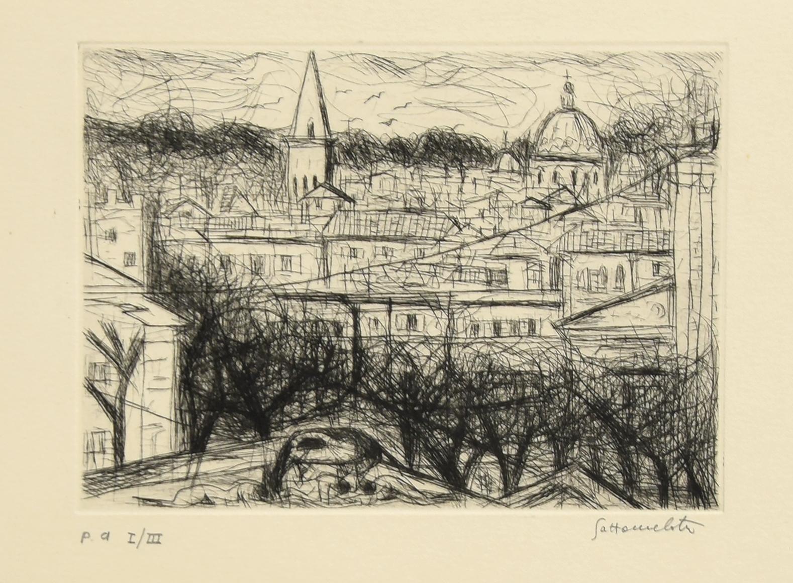 Nazareno Gattamenata Figurative Print - City View - Etching by N. Gattamelata - Late 20th Century