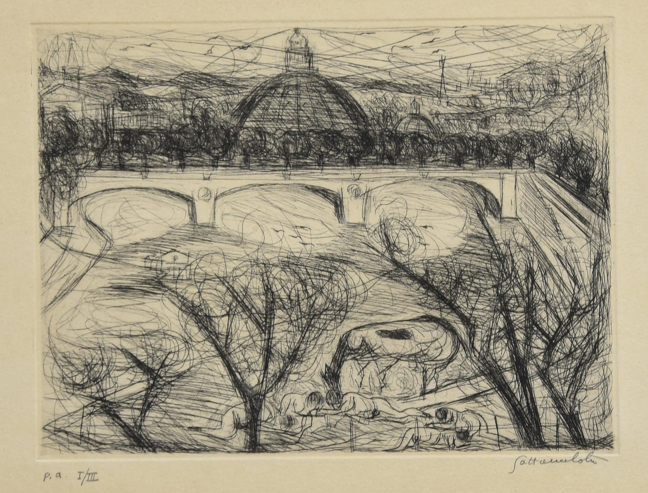 Nazareno Gattamenata Landscape Print - View of Rome - Etching by N. Gattamelata - Late 20th Century