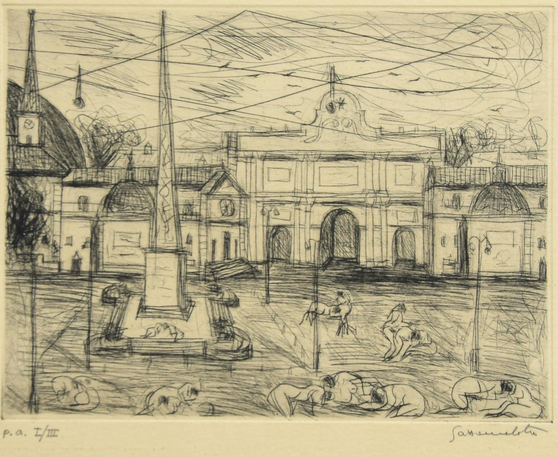 Nazareno Gattamenata Figurative Print - View of Piazza del Popolo, Rome - Etching by N. Gattamelata - Late 20th Century