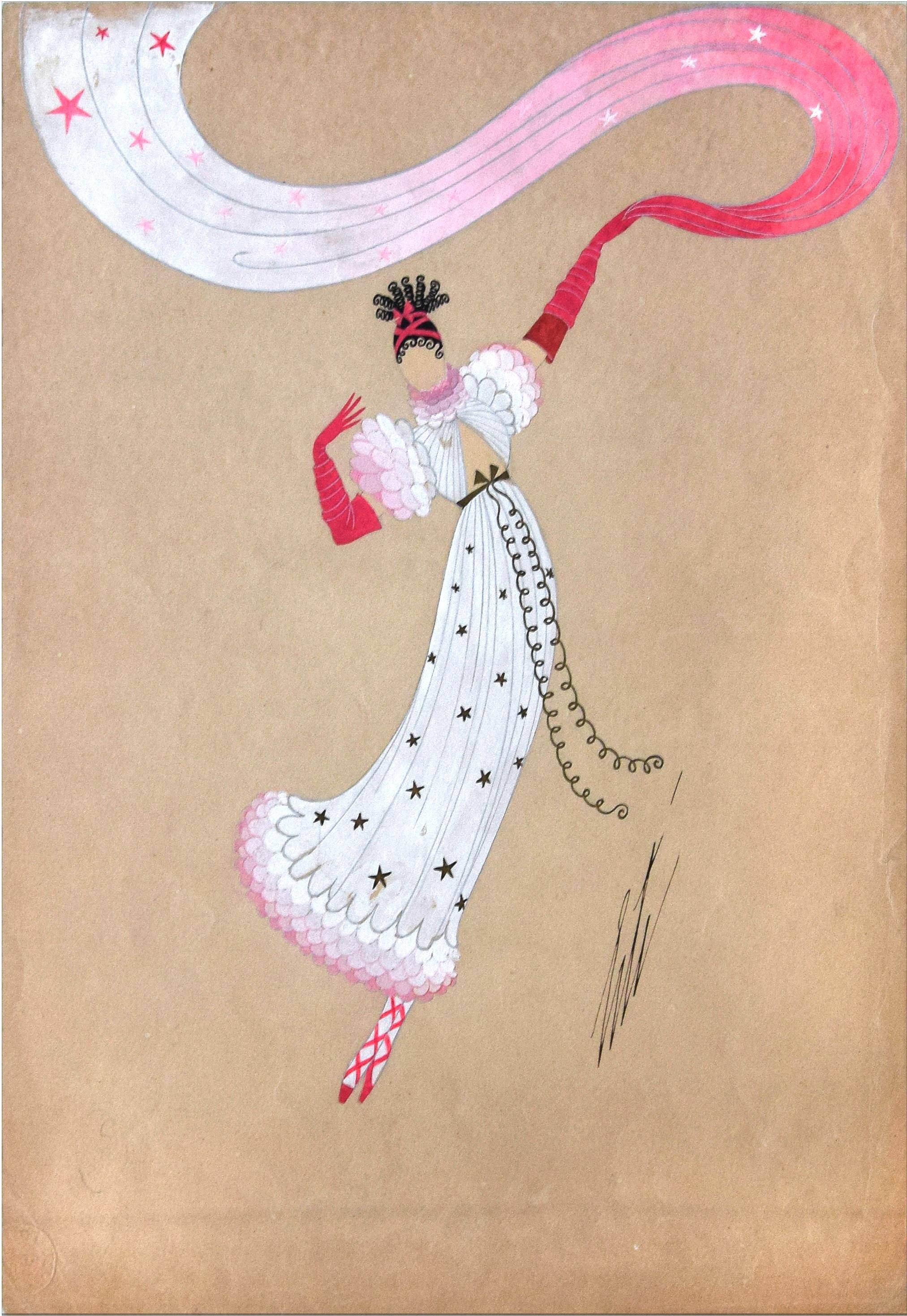 Danseuse à l'Écharpe is a very beautiful original drawing realized by the Russian artist Erté in the 1940s. Mixed media (tempera, gouache, and watercolor) on ivory paper.
Hand-signed 