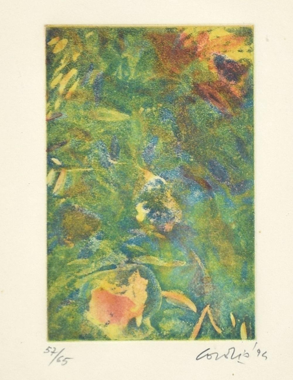 Image dimensions: 14.7 x 10 cm.

Green Composition is an original mixed colored etching realized by Nino Cordio in 1995.

Hand signed and dated on the lower right margin. 

Numbered on the lower left margin. Ed. 57/65.

Nino Cordio (Santa Ninfa, 10