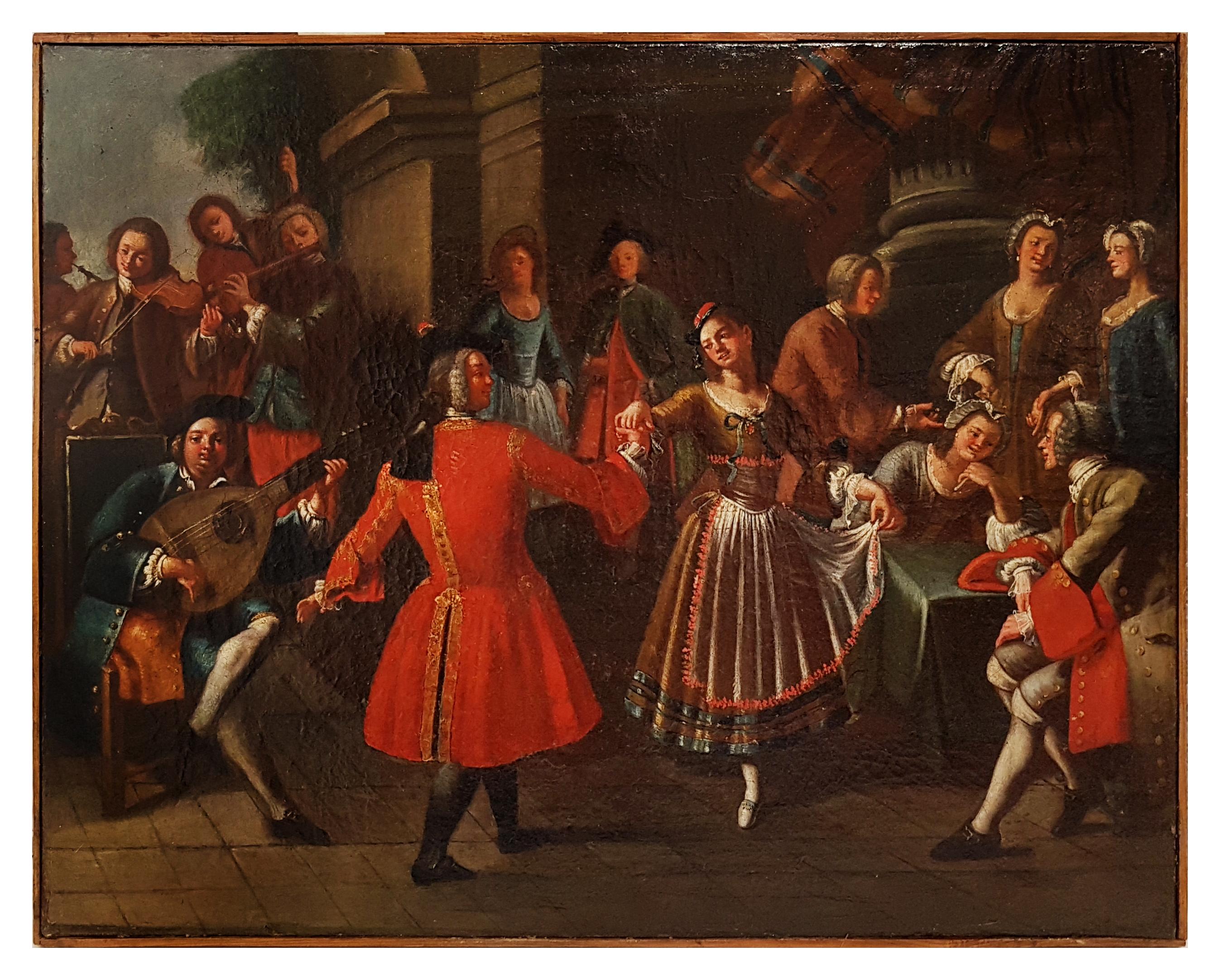 Unknown Interior Painting – Paar Szenen des Feierns mit Musikern - Öl auf Leinwand - 18. Jahrhundert