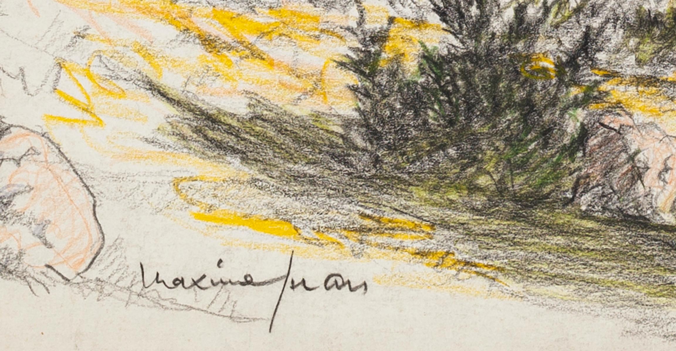 Paysage - Dessin au crayon et au pastel de M. Juan - années 1950 - Art de Maxime Juan