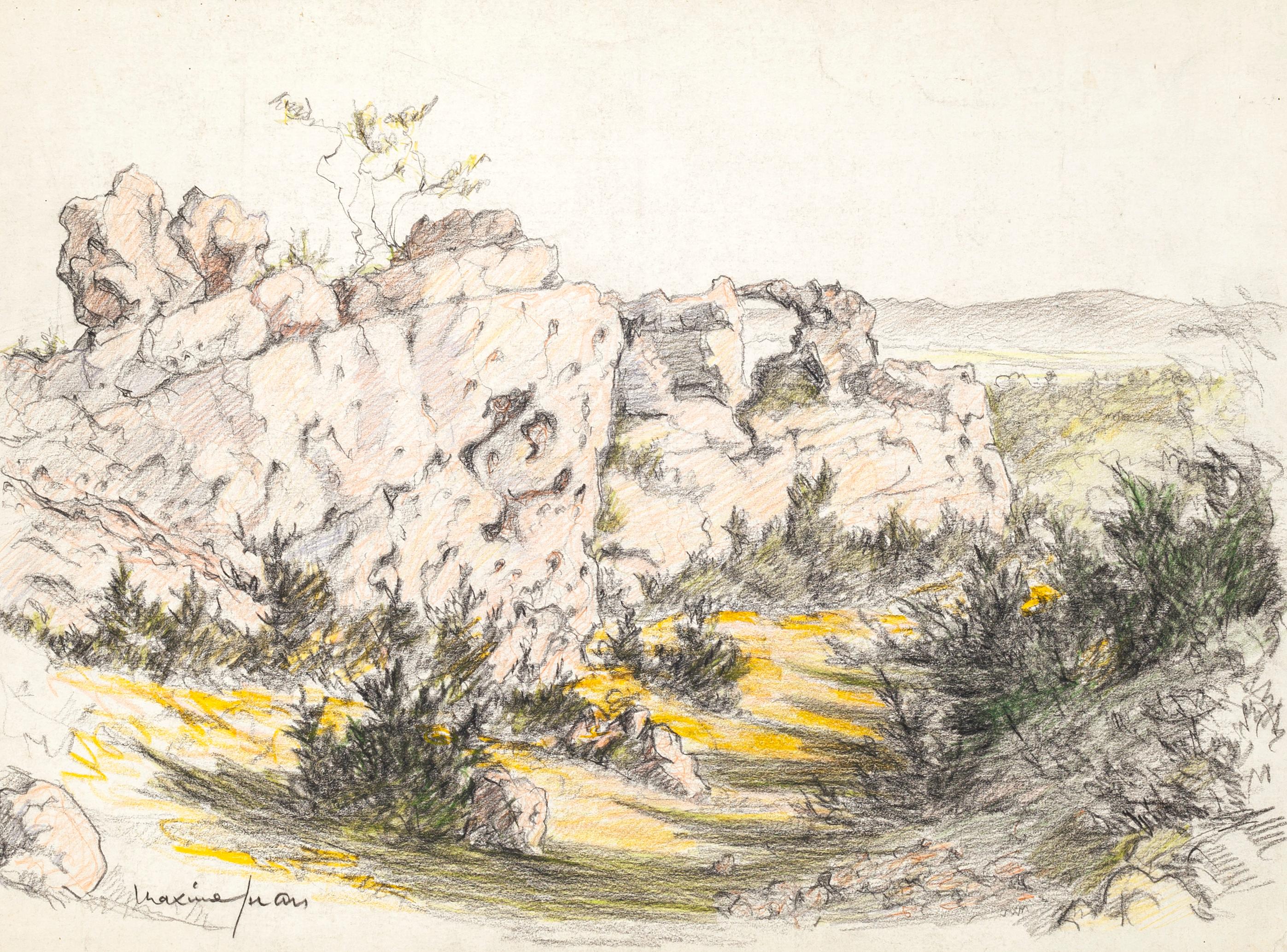 Landschaft - Bleistift- und Pastellzeichnung von M. Juan - 1950er Jahre