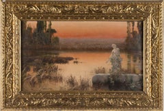 Antique Romantic Landscape at Sunset - Original Oil Painting by E. Serra y Auque