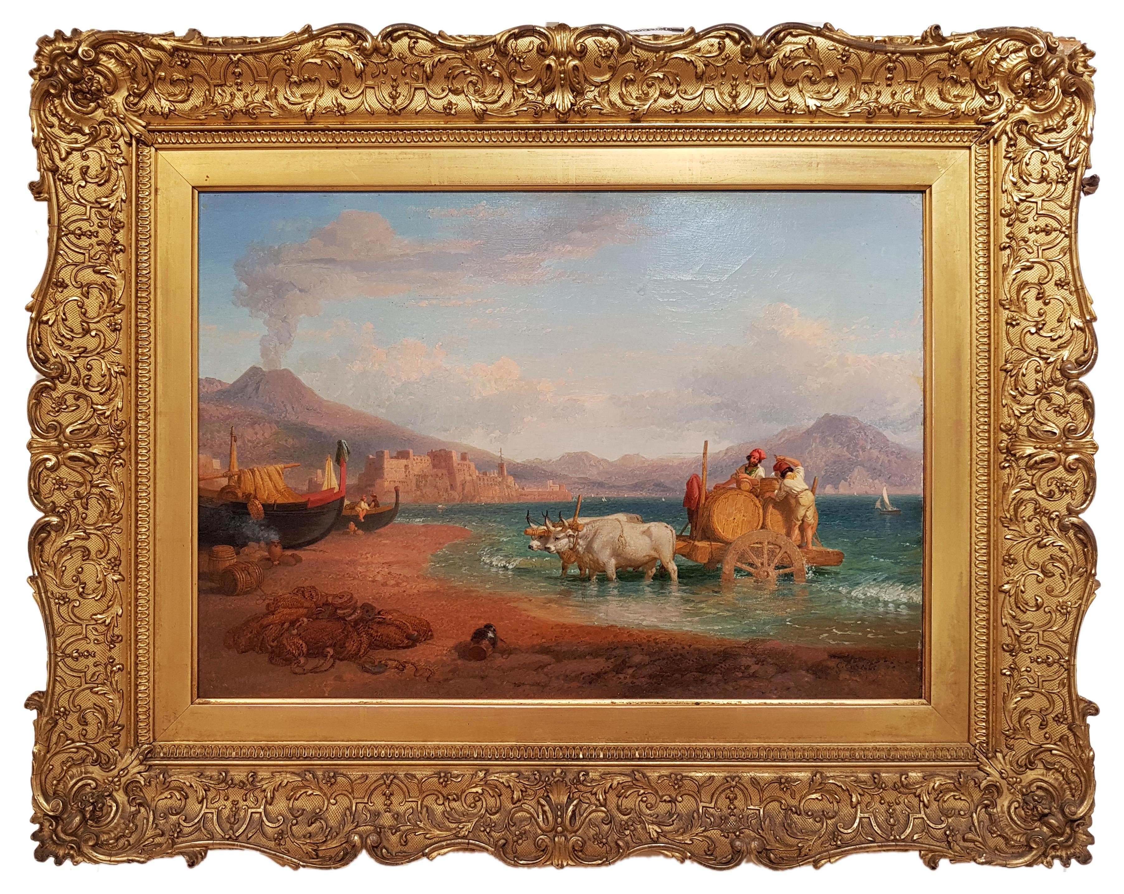 El carro de los Cooper en el golfo de Nápoles con el Vesubio de fondo - Painting de Consalvo Carelli