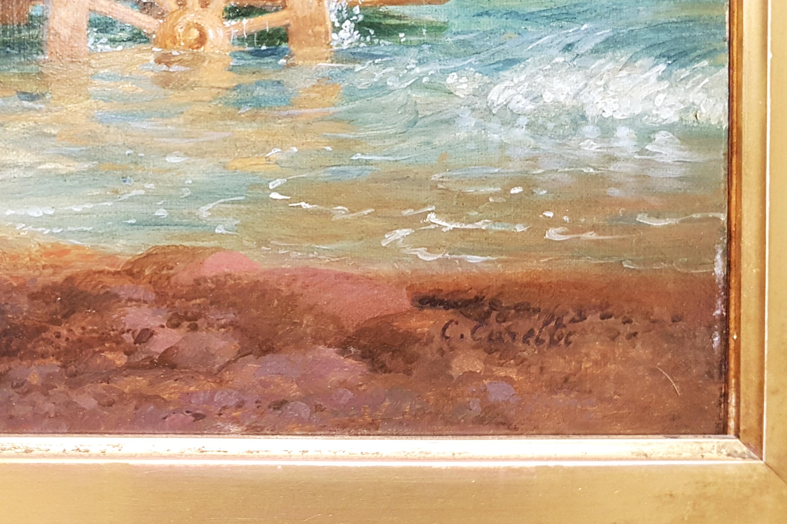 El carro de los Cooper en el golfo de Nápoles con el Vesubio de fondo - Painting Moderno de Consalvo Carelli