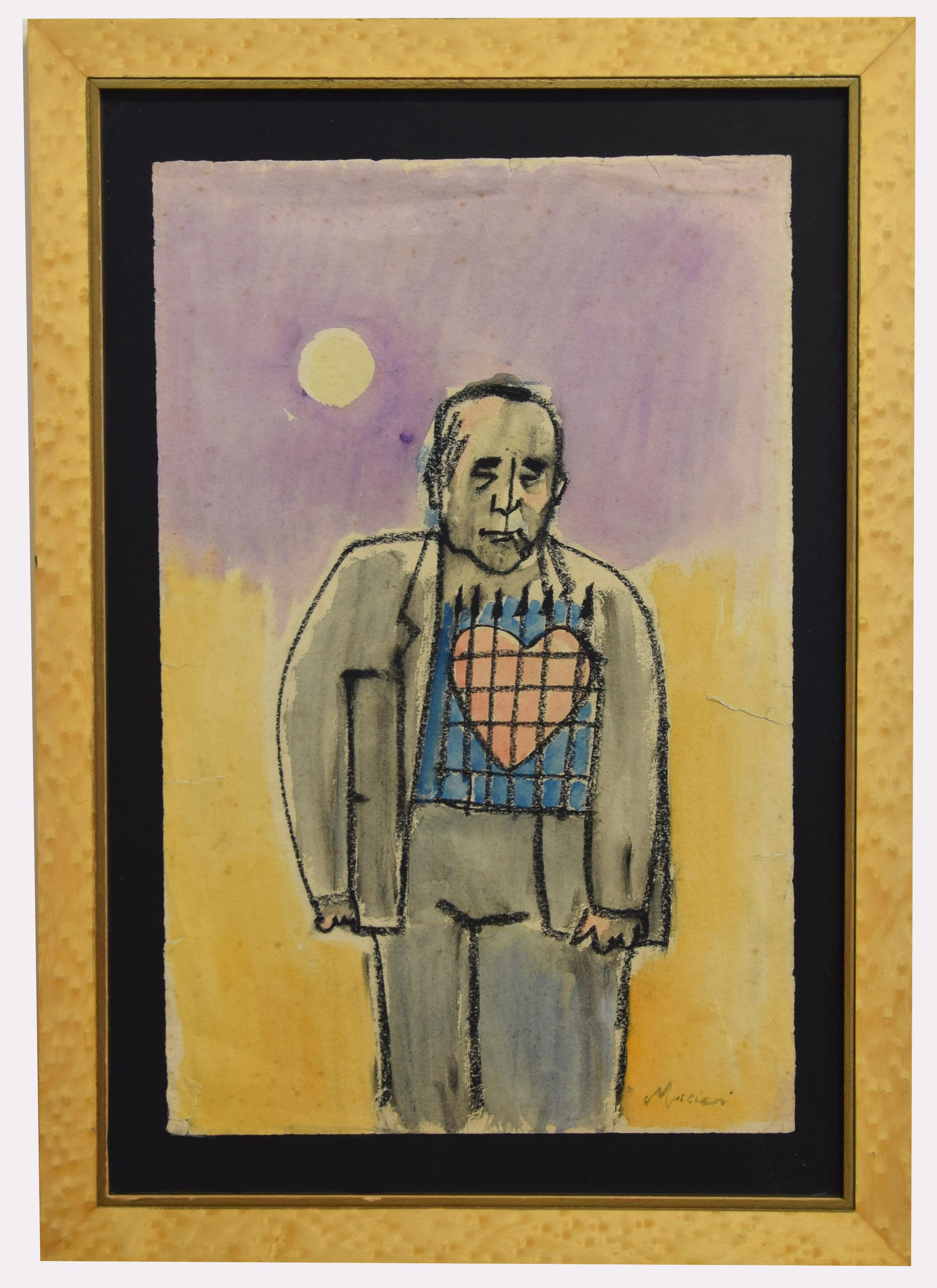 Self-Portrait with Big Heart - Charcoal and Watercolor by M. Maccari -1960s - Art by  Mino Maccari