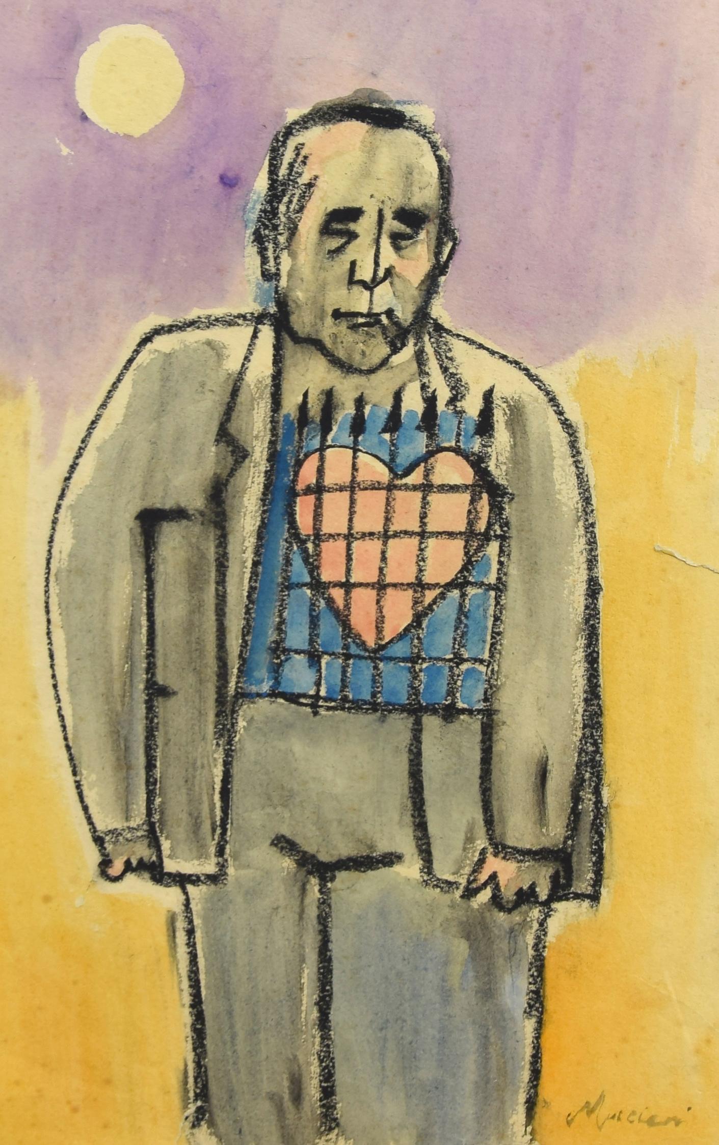 Self-Portrait with Big Heart - Charcoal and Watercolor by M. Maccari -1960s