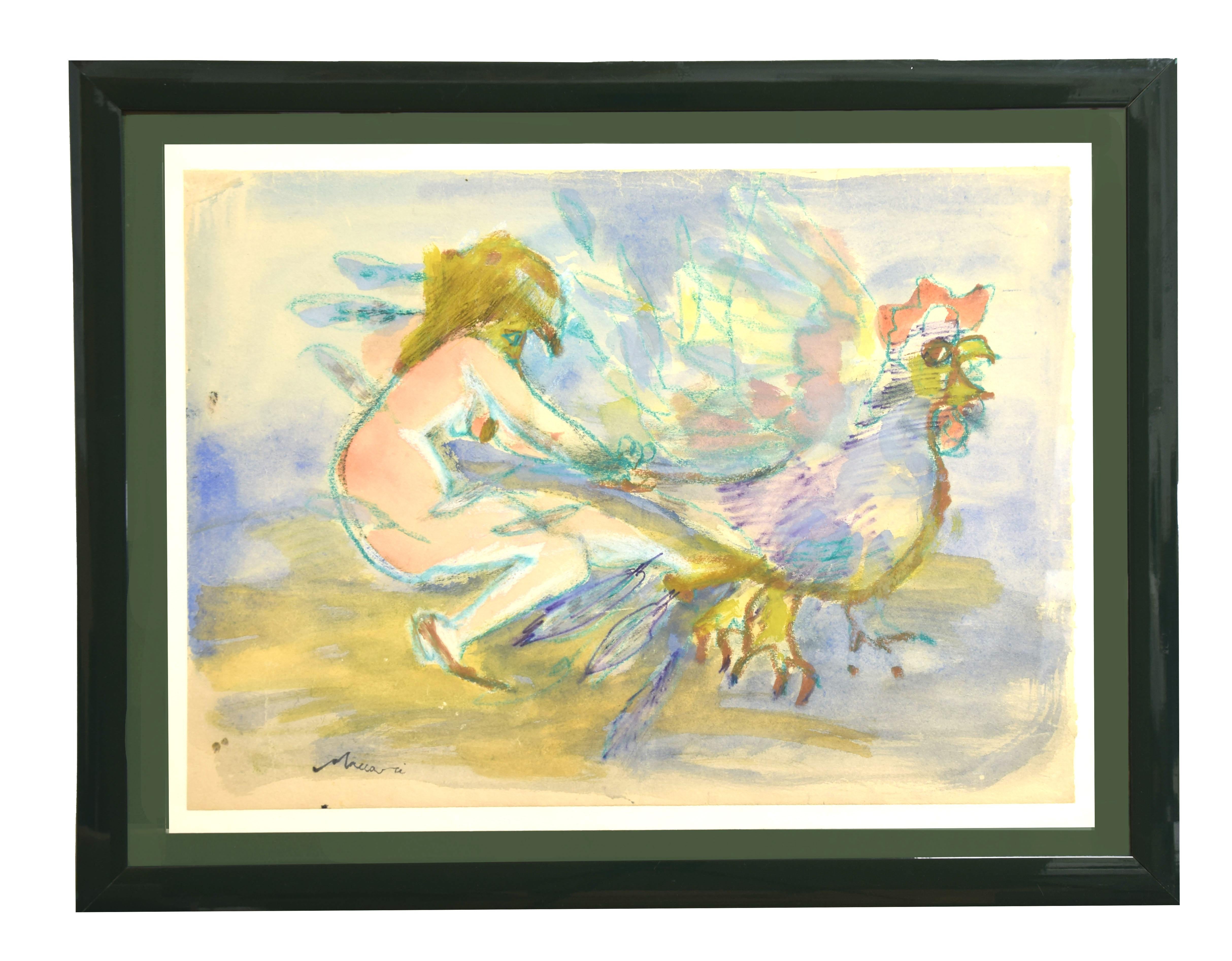 Woman and Chicken - Mixed Media by M. Maccari - 1960s - Art by  Mino Maccari