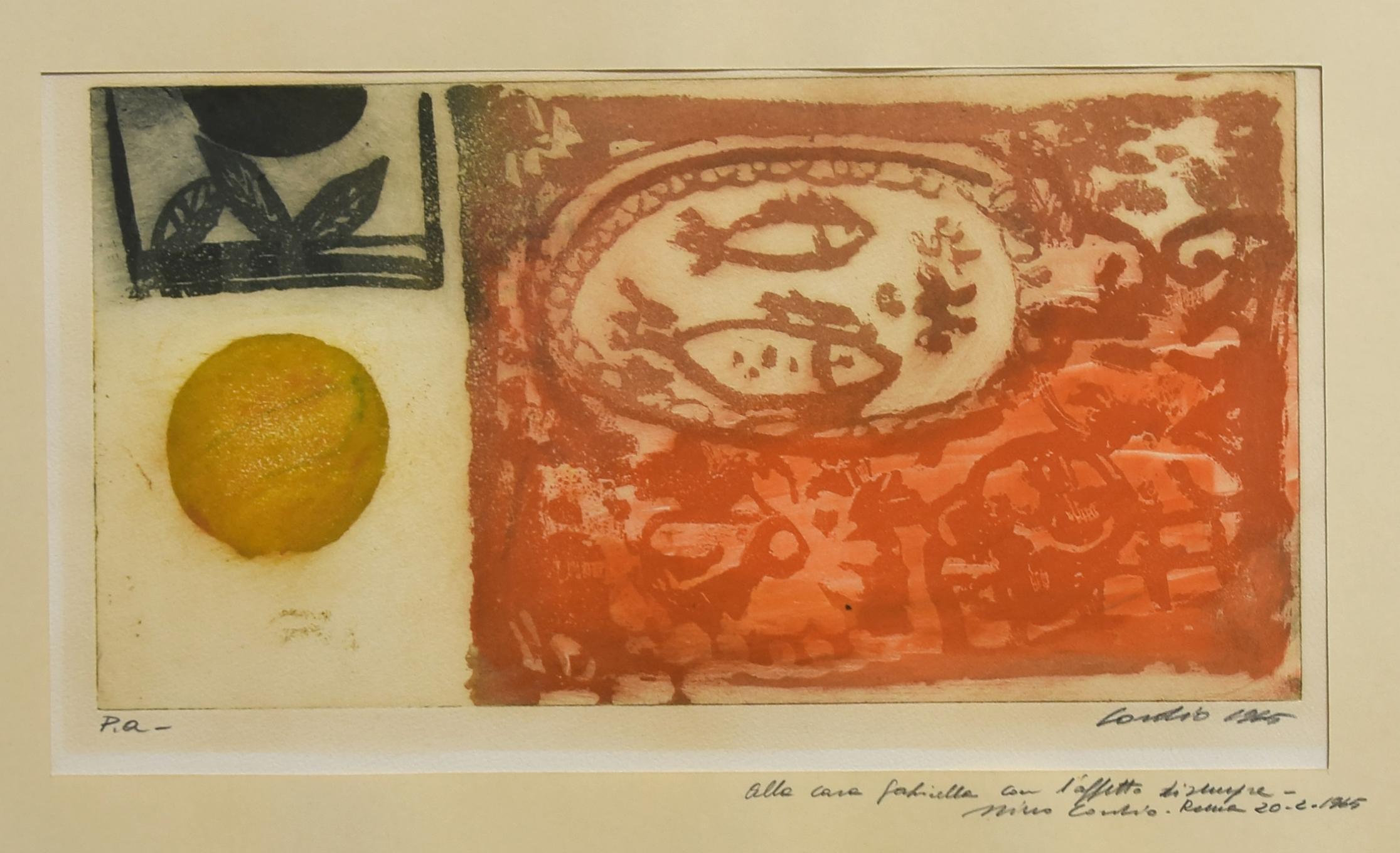 Fishes is an original mixed colored etching realized by Nino Cordio in 1965.

Hand signed and dated on the lower right margin. 

Artist's proof. Hand-written dedication on the lower margin.

Nino Cordio (Santa Ninfa, 10 July 1937 - Rome, 24 April