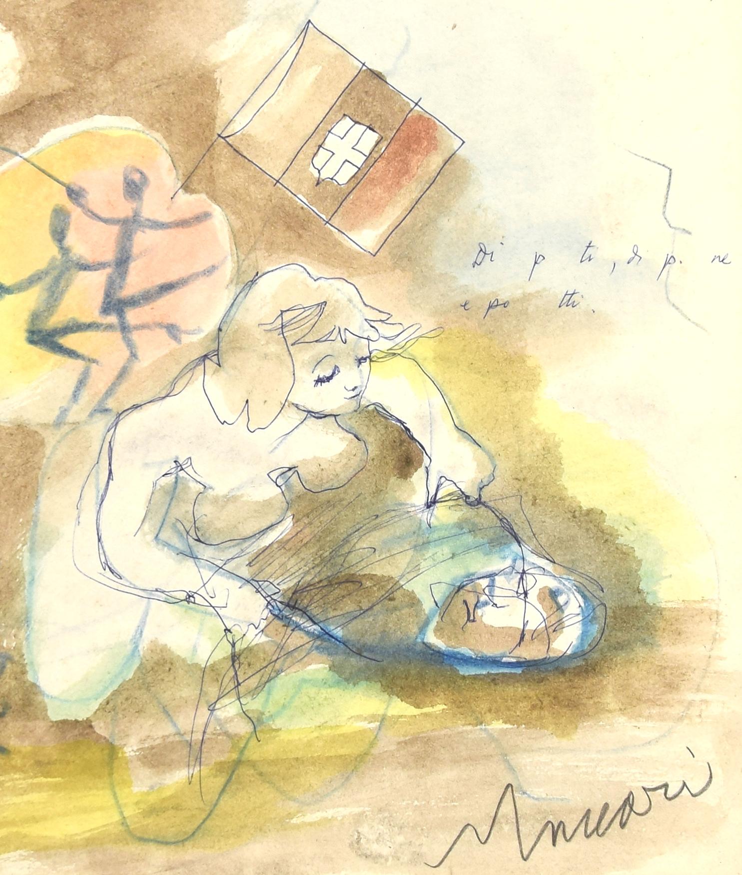 Il sogno - Tecnica mista di M. Maccari - Anni '60 - Figurative Art Arancia di  Mino Maccari